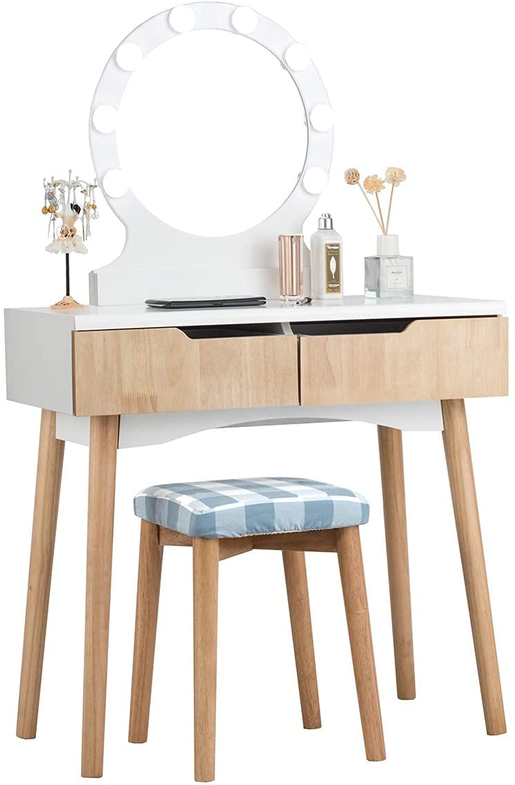 Renatone Vanity Table Set with 8 Light Bulbs & Touch Switch - Princess Style Dressing Table with Large Round Mirror, Makeup Desk for Bedroom Includes Cushioned Stool & 2 Sliding Drawers - Perfect for Girls' Room, Bridal Dressing Area & Home Beauty Station (NA)
