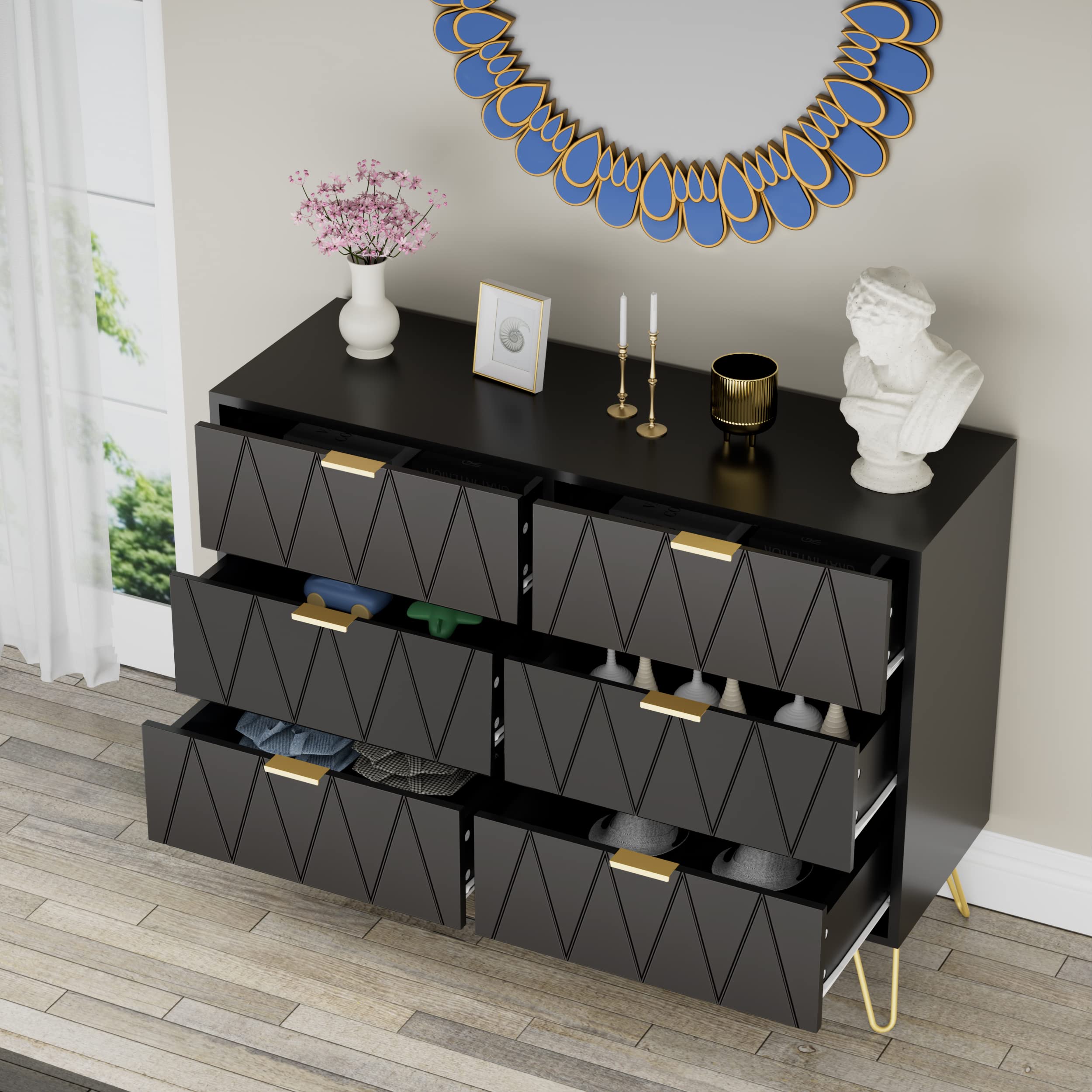 Anbuy 6-Drawer Dresser & 2-Nightstand Set for Bedroom - 3-Piece Black Wooden Storage Furniture Combo for Clothes, Bedside Essentials | Perfect for Master Bedroom, Guest Room & Dorm Organization