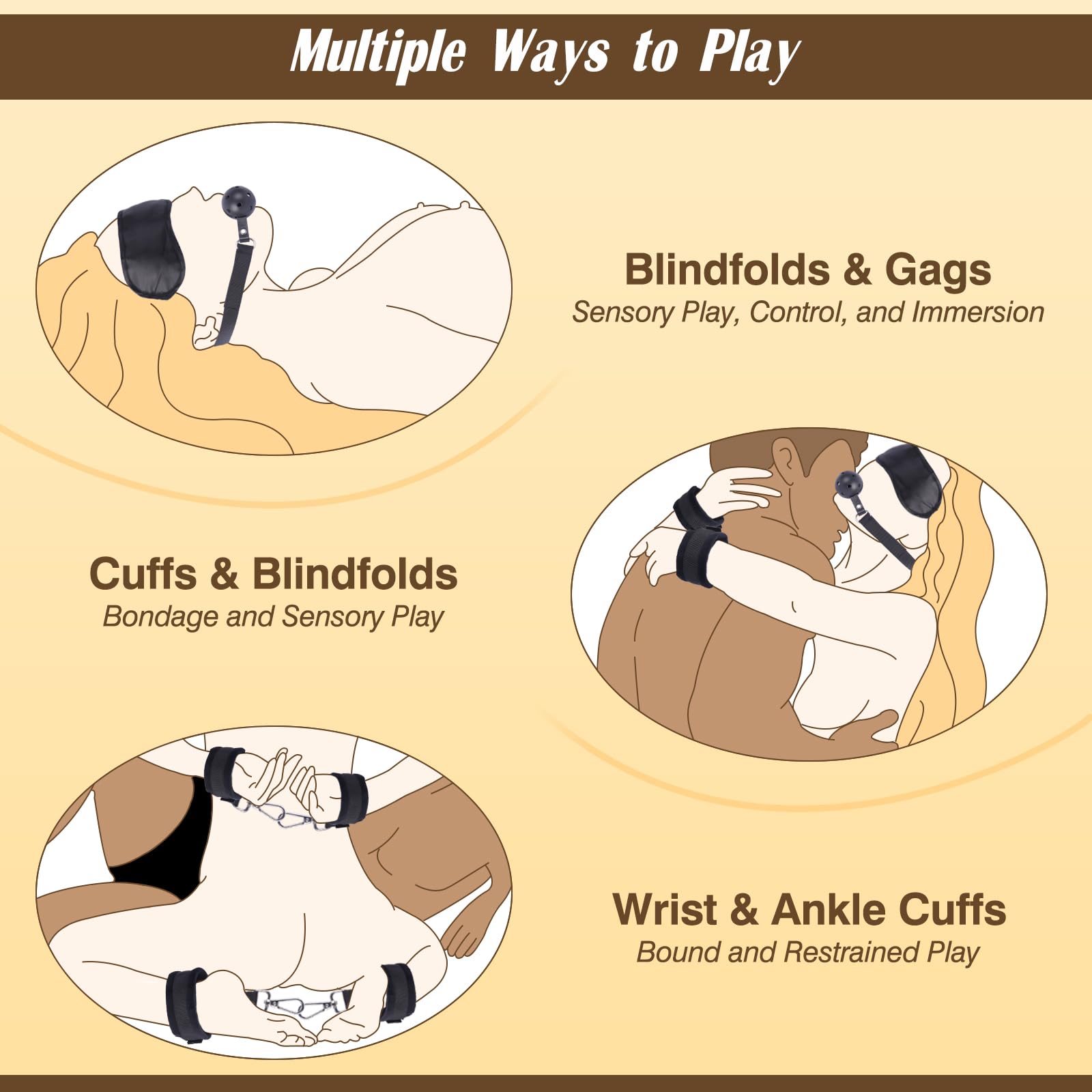 BDSM Bondage Restraints Kit - Adjustable Wrist & Ankle Cuffs with Handcuffs, Blindfold & Ball Gag - Adult SM Toys for Couples - Perfect for Bedroom Games, Role Play & Spicing Up Your Intimate Life