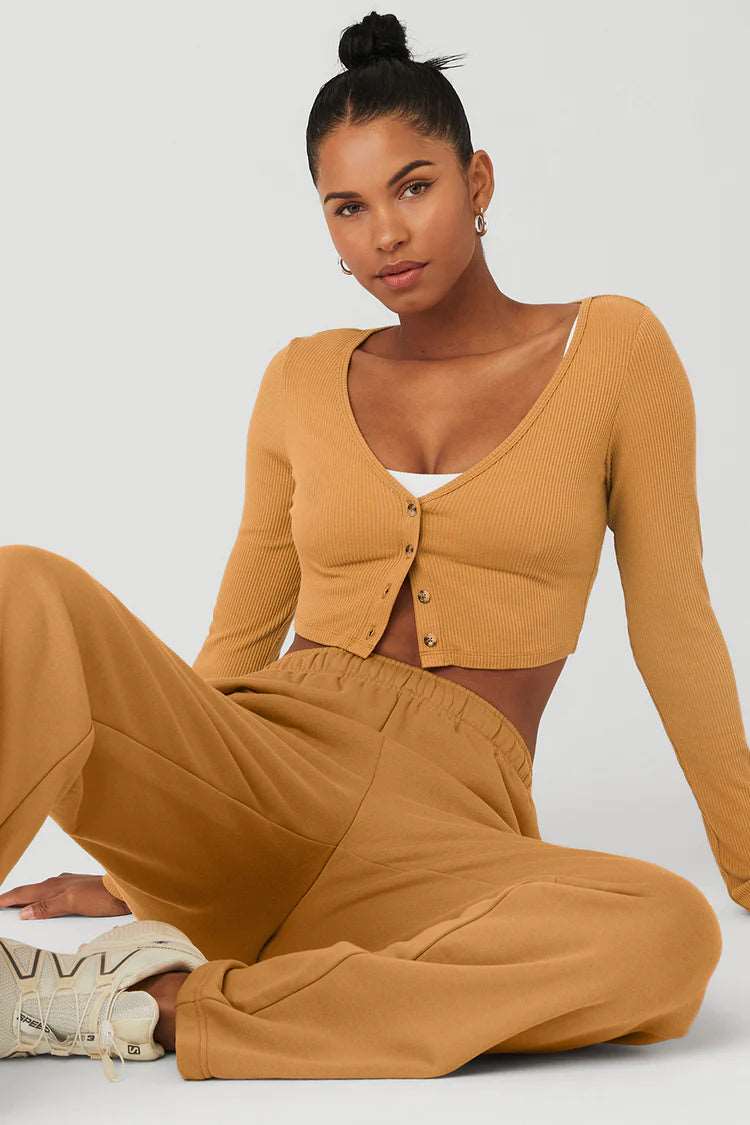 Alo Yoga Women's Whisper Ribbed Cropped Cardigan Sweater - Soft Knit Open Front Cardigan for Yoga, Lounge & Layering - Toffee Brown