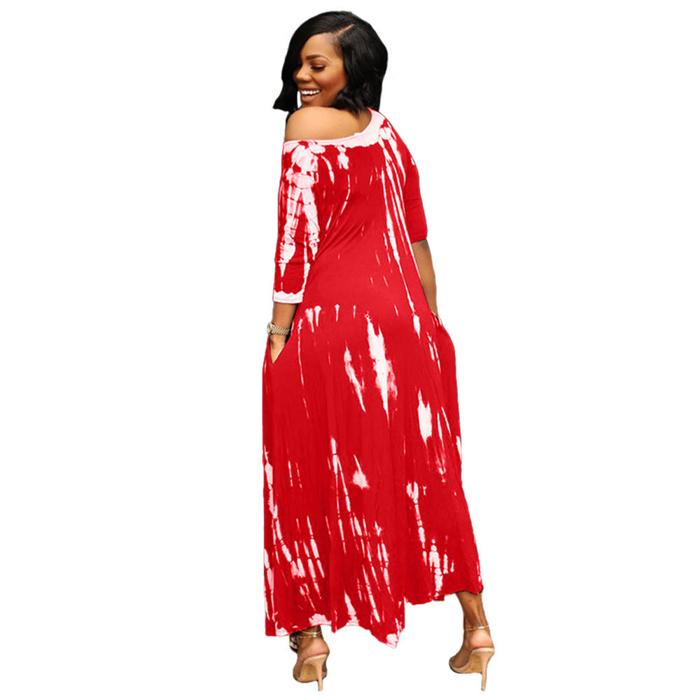 Long Slit Skirt Wide Neck Tie Dye Dress - Boho Chic Summer Maxi Dress for Beach Vacation & Music Festivals
