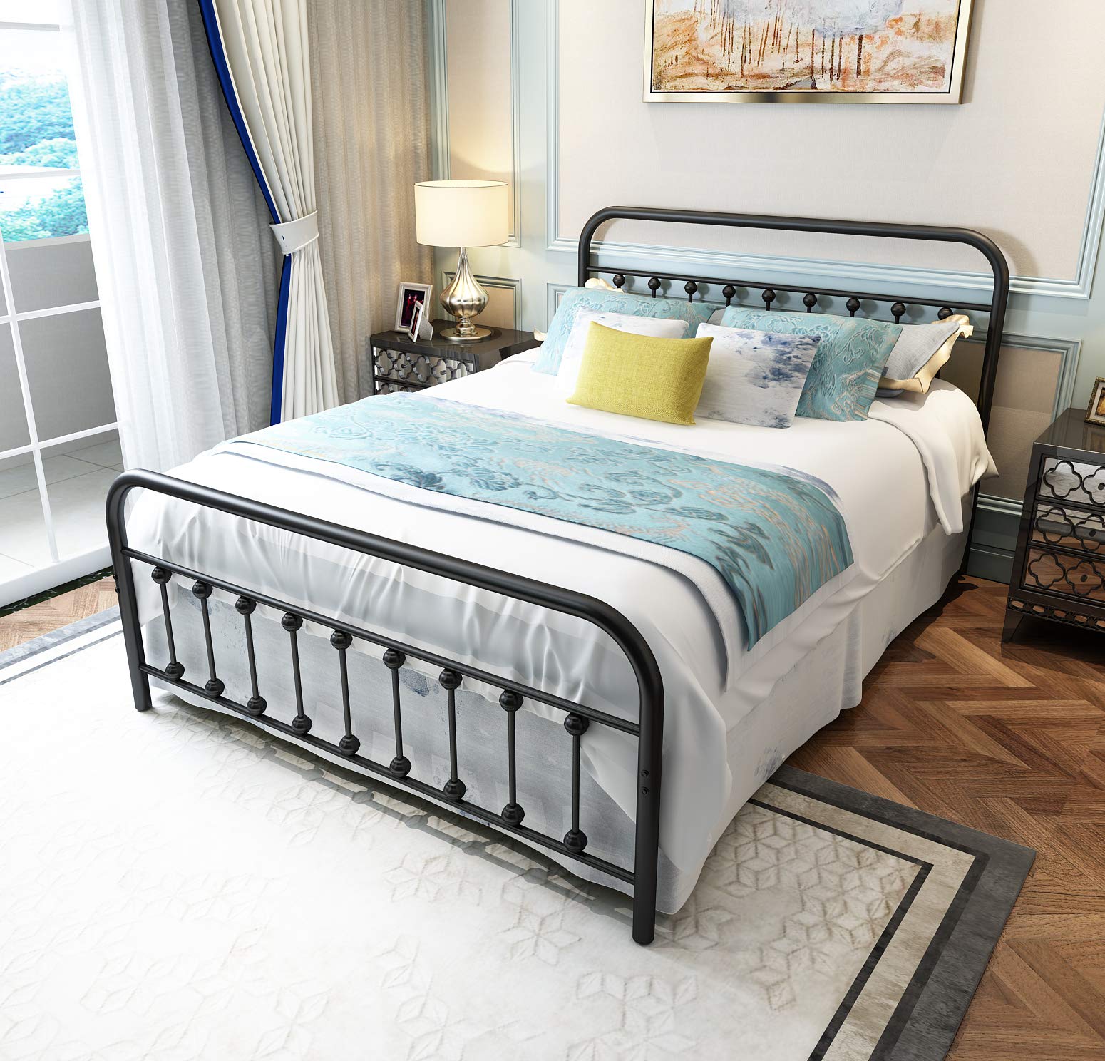 Neebirgelia Black Metal Bed Frame Queen Size with Headboard & Footboard - Sturdy Platform Mattress Base, Metal Tube & Iron-Art Design - Perfect for Modern Bedrooms, Guest Rooms & Dormitories (Queen, Black)