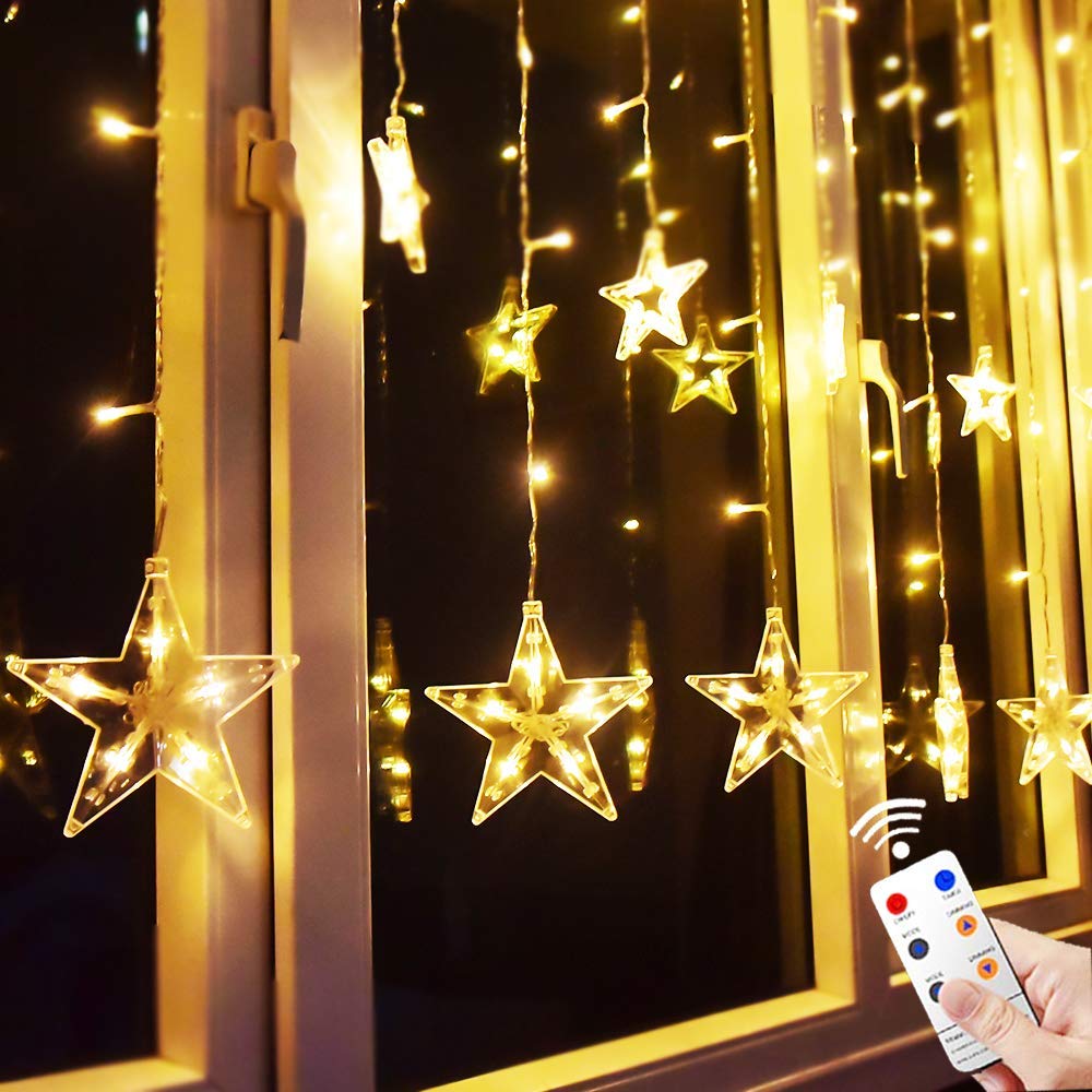 WISHWILL 12-Star 138 LED Twinkle Curtain Lights with 8 Lighting Modes - Waterproof UL Certified Fairy String Lights for Bedroom, Party & Christmas Decor (Warm White) | Perfect for Indoor/Outdoor Weddings, Holidays and Cozy Home Ambiance