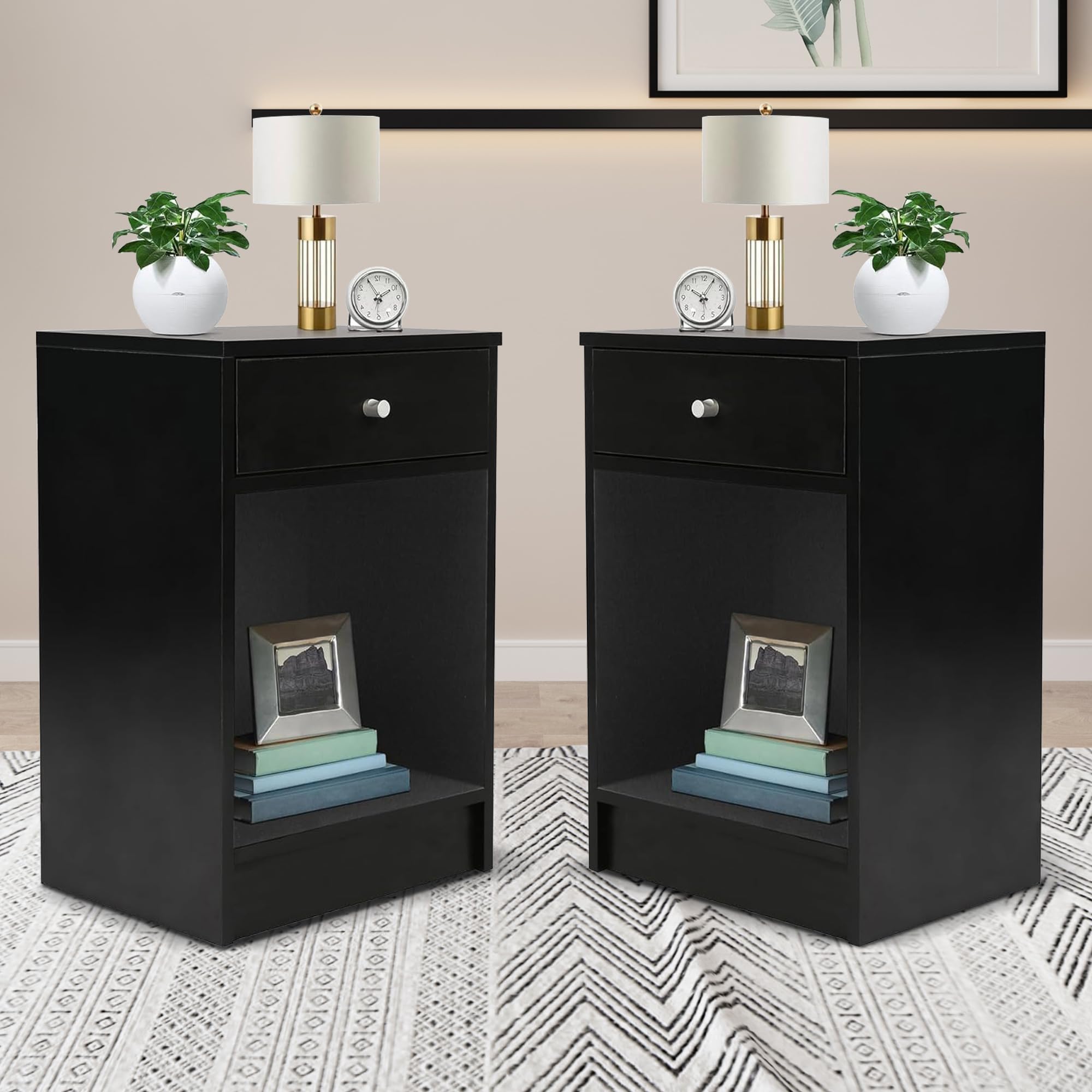 Modern Black Nightstand Set of 2 - 2-Tier Bedside Table with Sliding Drawer & Open Storage Shelf - Stylish End Table for Living Room, Bedroom, Home Office - Perfect for Small Spaces & Apartment Decor