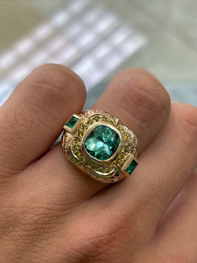 4.18tcw 14K Gold Colombian Emerald Cushion Cut & Princess Cut Yellow Diamond Accent Men's Ring for Wedding, Engagement & Special Occasions
