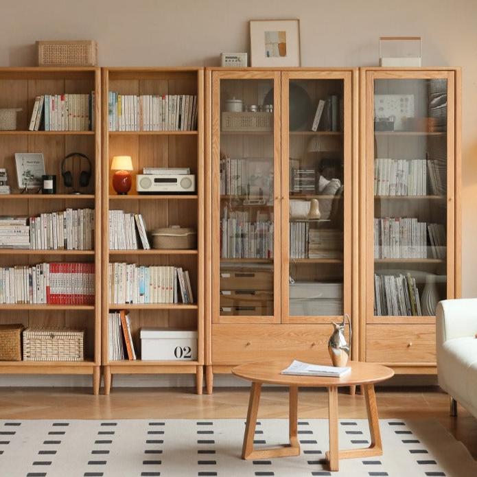 Oak Solid Wood Modern Glass Door Bookcase - Stylish Bookshelf for Living Room, Office & Library - Perfect for Home Decor & Book Storage
