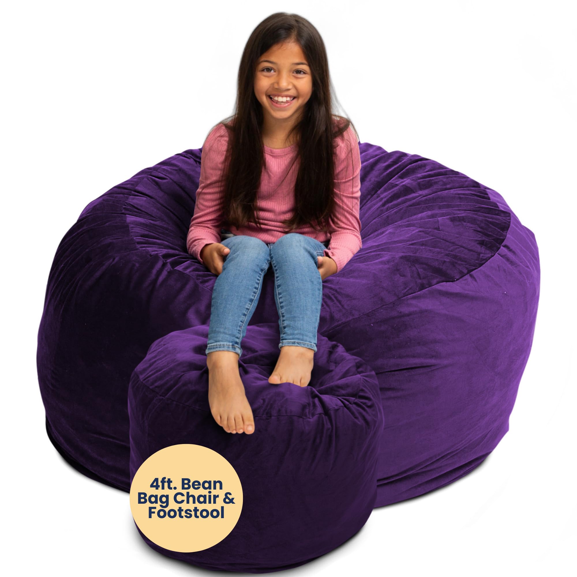 ULTIMATE SACK 4ft Oversized Bean Bag Chair with Footstool - Premium Purple Suede Lounge Furniture for Adults - Perfect for Living Room, Game Room & Dorm Relaxation