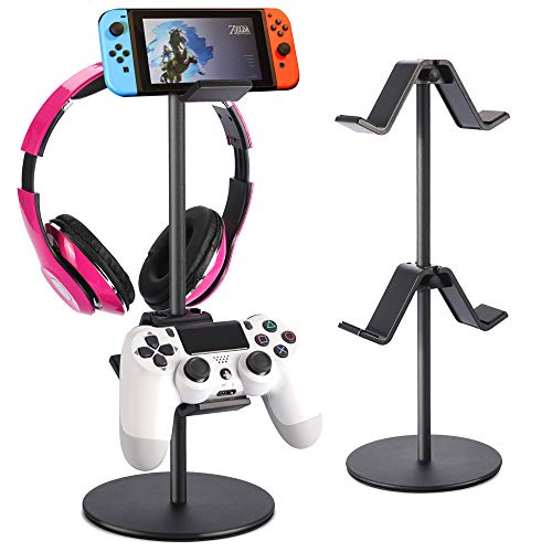 2-Tier Adjustable Controller Stand for PS5, PS4, Xbox & Nintendo Switch - Multi-Functional Gamepad Holder with Headset Hanger & Desk Mount - Perfect Gaming Desk Organizer for 4 Controllers & Headphones - Ideal for Gaming Setup, Streaming Station & Office Workstation