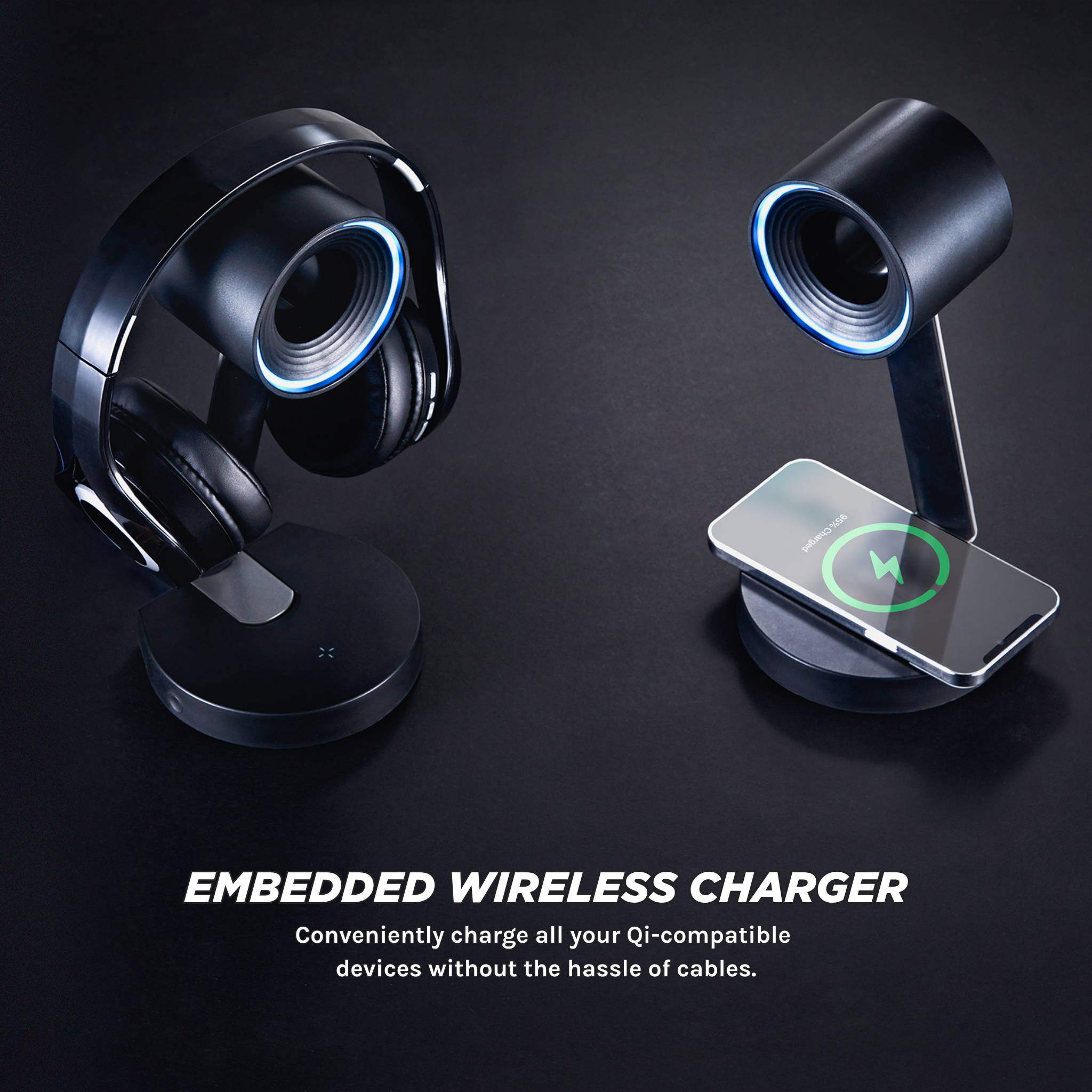 Orbit RGB Gaming Headphone Stand with Wireless Charging - LED Light Base for Headphones & Wireless Earbuds - Perfect for Gaming Setup, Office Desk, and Home Decor