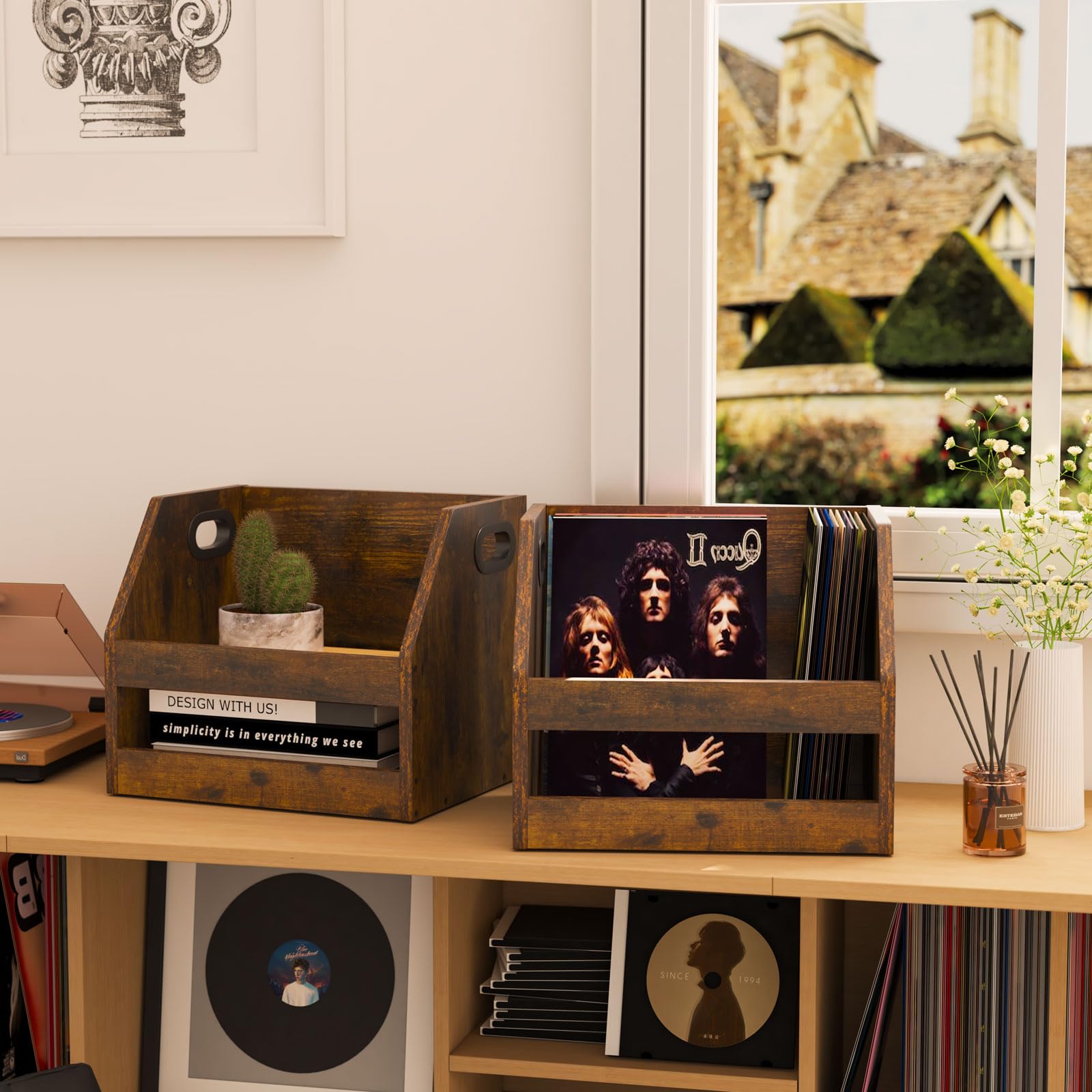 YMYNY Wooden Vinyl Record Storage Box with Handle - Rustic Brown LP Album Organizer for Books, Folders & Photo Albums - 14.96 x 11.42 x 11.42 Inches - Perfect for Living Room, Office & Music Studio Decor