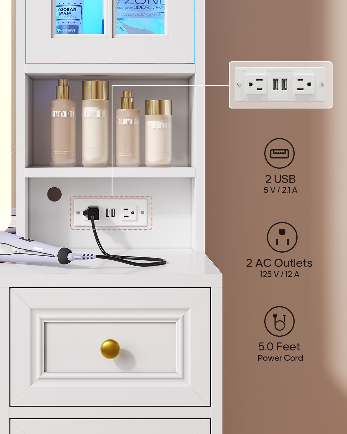 Vanity Desk with Mirror and Lights - Large Makeup Vanity with 6 Drawers, 7 Shelves, 2 RGB Cabinets & Power Outlet | 3 Light Modes, Touch Screen Mirror | Perfect for Women's Bedroom, Dressing Room & Home Decor (White)