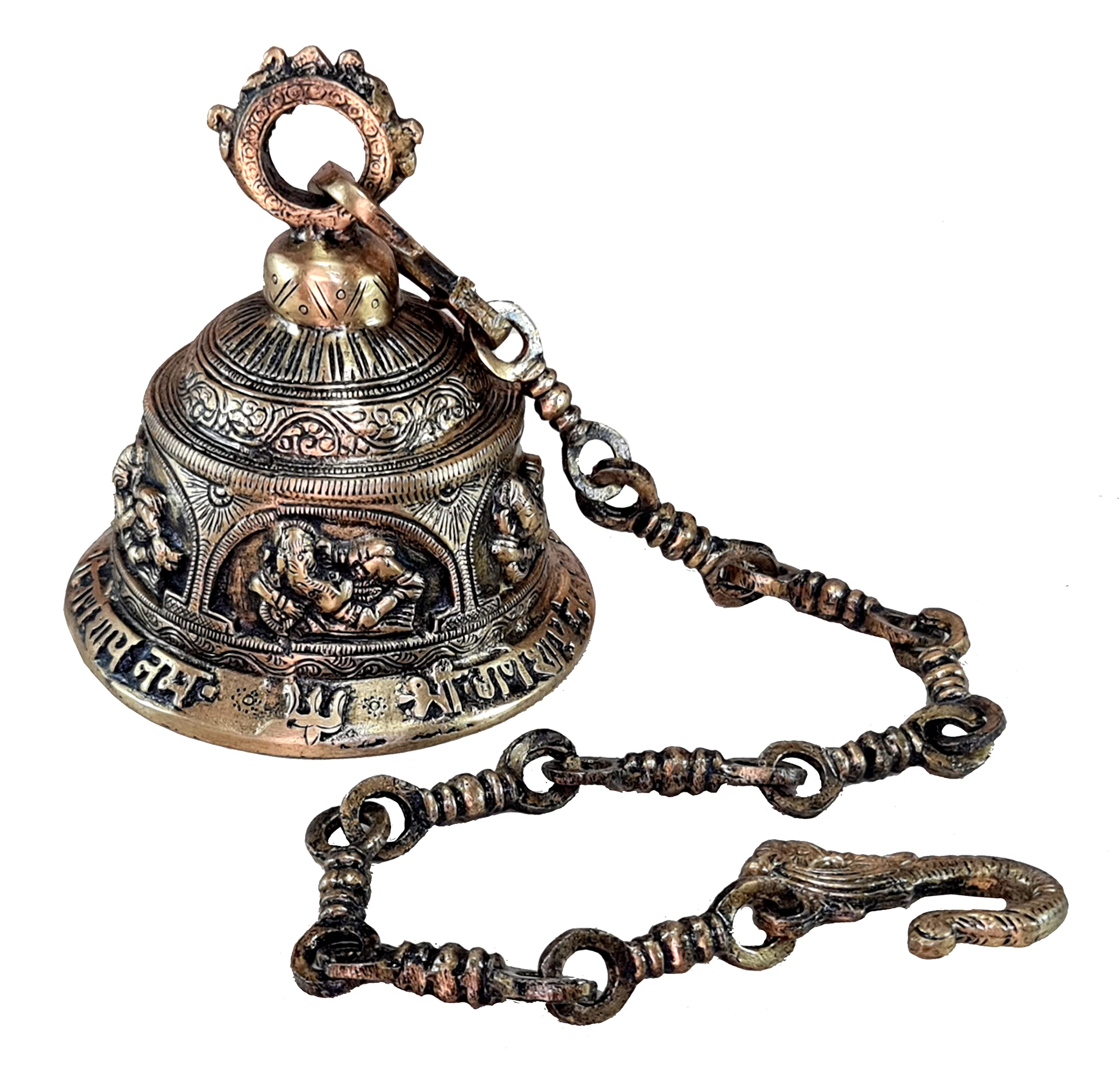 Handmade Ethnic Brass Ganesha Temple Bell with Chain - Spiritual Hindu Hanging Bell for Home Decor, Pooja Accessories & Meditation Spaces - Perfect for Yoga Rooms, Altars & Gift Giving