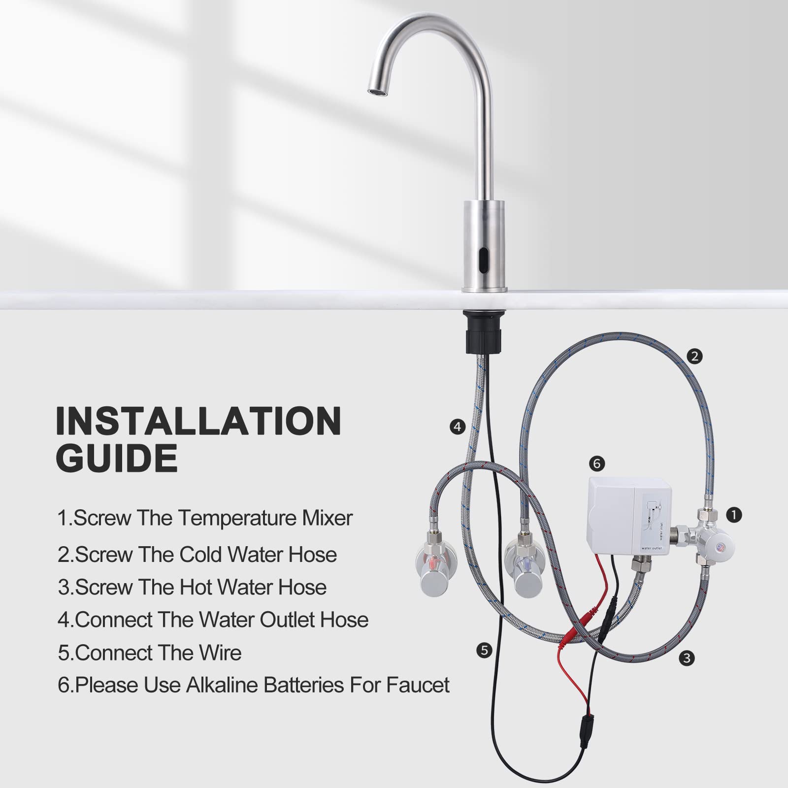 Touchless Automatic Bathroom Faucet - Tall Waterfall Single Hole Sink Faucet with Control Box & Temperature Mixer, Brushed Nickel Finish for Modern Vanity - Perfect for Hygienic Hand Washing in Home, Hotel, and Restaurant Bathrooms