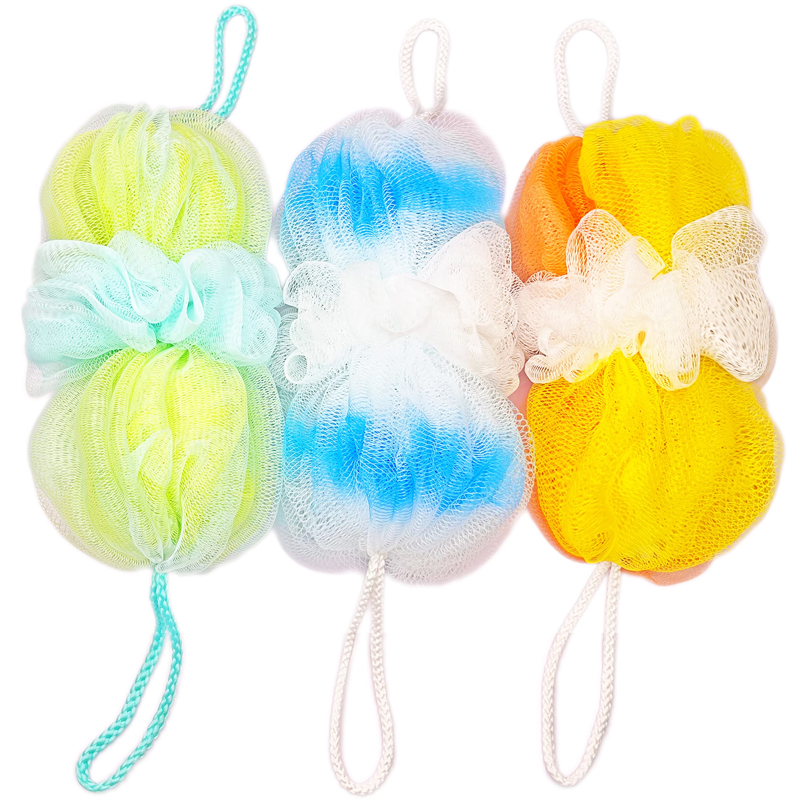 Exfoliating Loofah Sponge Shower Puff - 3 Pack Natural Body Scrubber for Men & Women | Gentle Skin Cleansing & Back Scrub for Daily Shower & Spa Use