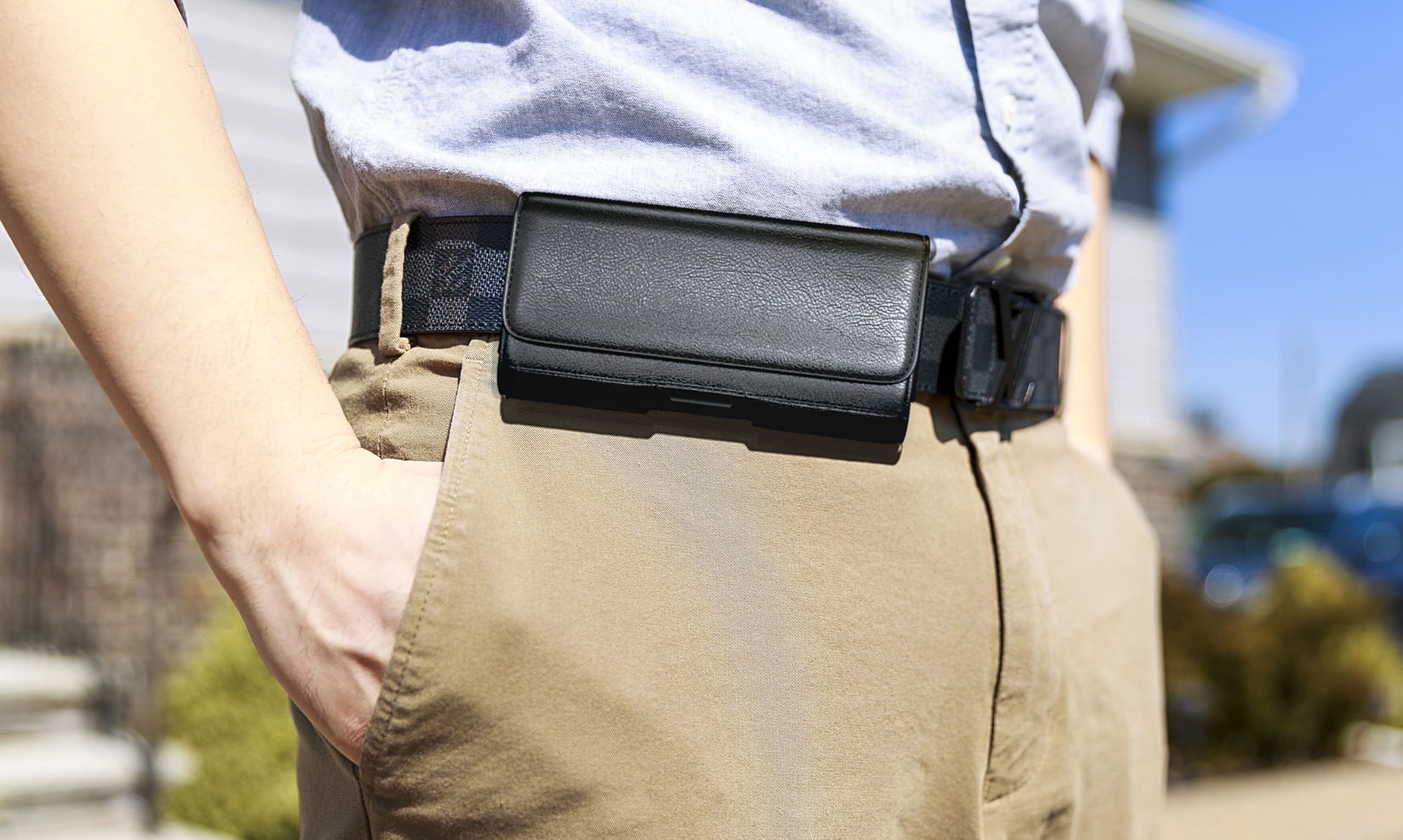 DeBin iPhone 16 Pro Max/16 Plus/15 Pro Max/14 Plus/13/12/11/Xs/8/7/6s Belt Holster - Men's Leather Phone Case with Clip & ID Card Holder - Compatible with Otterbox Commuter Case (Large, Black) - Perfect for Work, Travel & Outdoor Activities