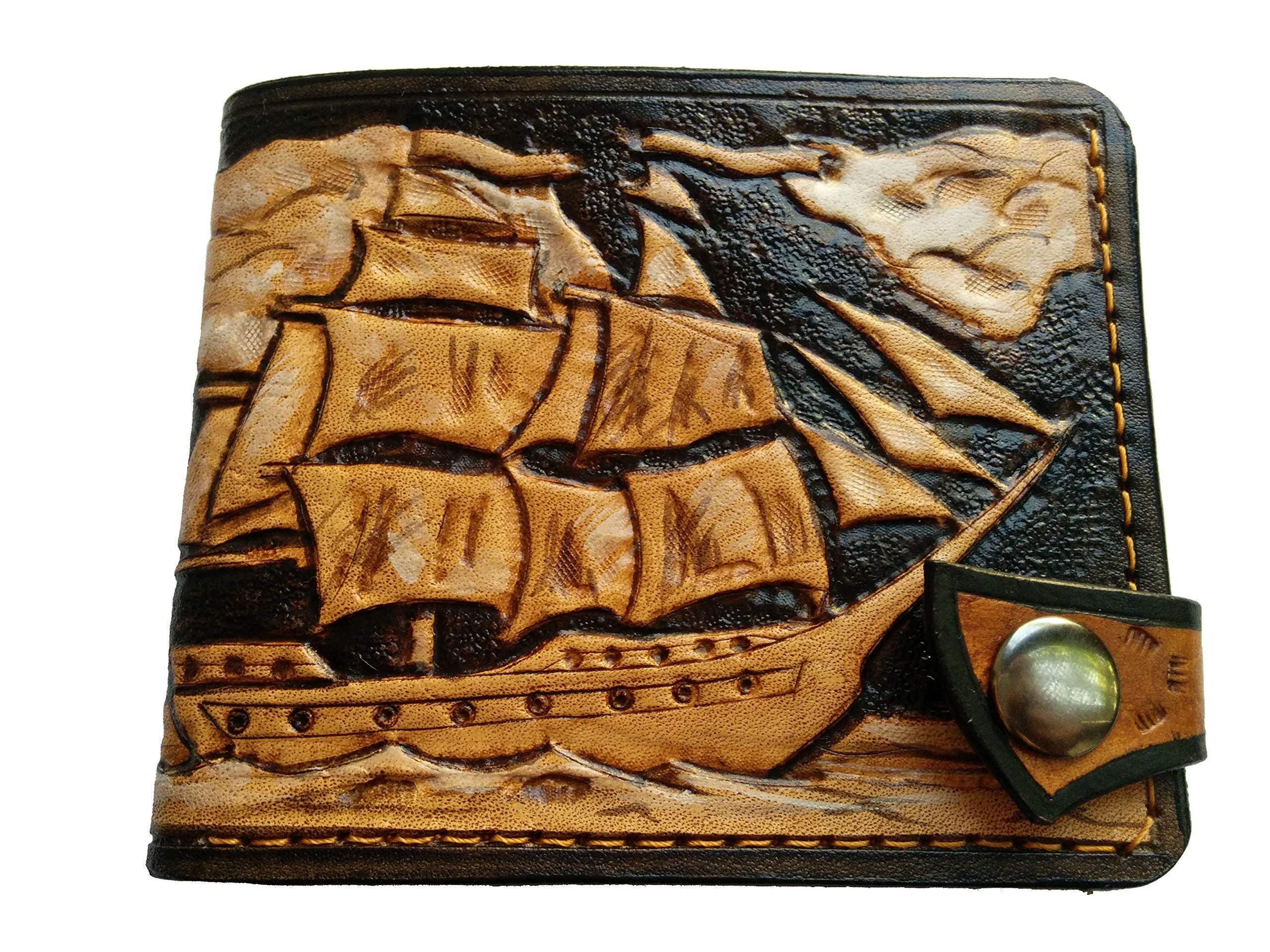 Sailor-Themed Genuine Leather RFID Men's Bifold Wallet - Clipper Ship & Lighthouse Embossed Handmade Biker Wallet - Perfect for Nautical Enthusiasts, Yacht Lovers & Outdoor Adventures