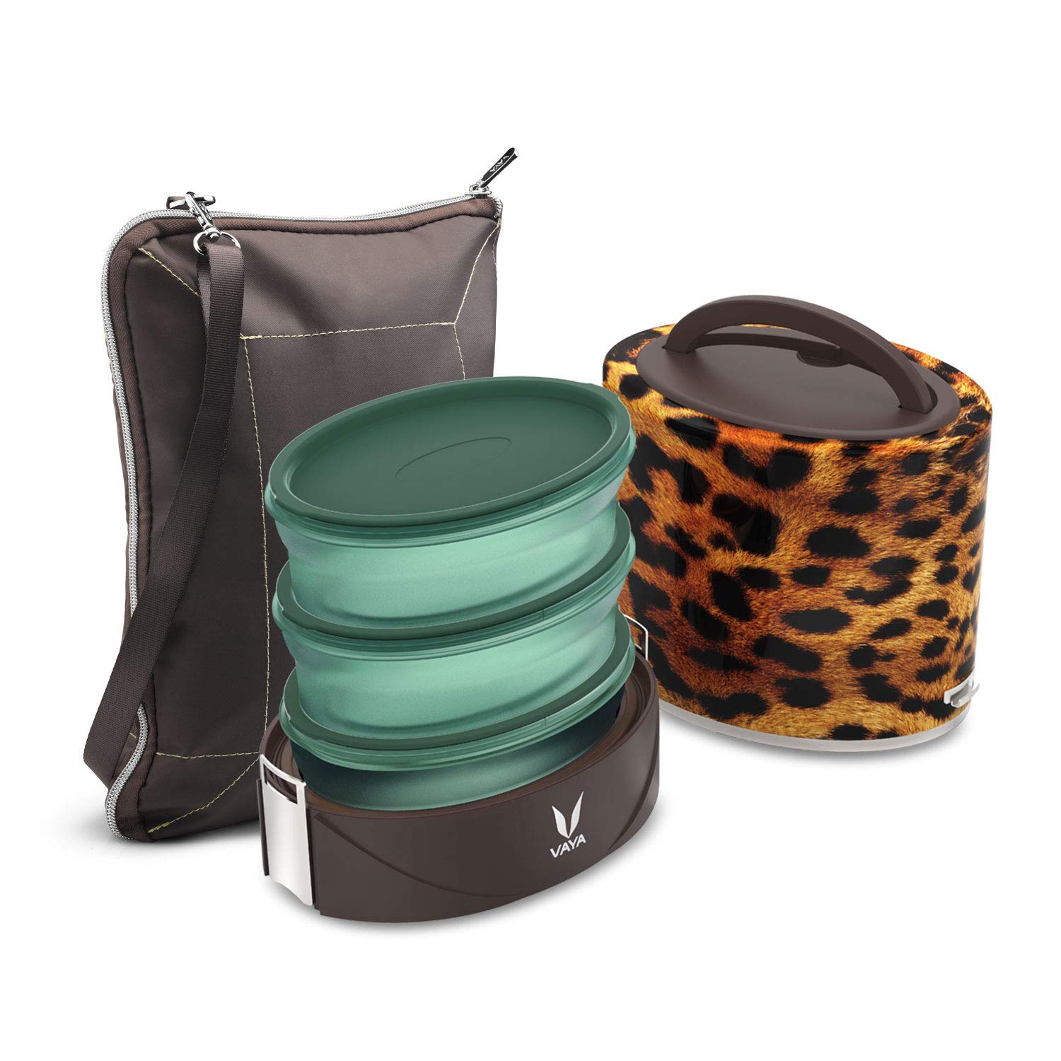 Vaya Tyffyn Flex 1000ml Stainless Steel Insulated Lunch Box Set - 3 BPA-Free Microwave Safe Containers with Shoulder Bag, Table Mat & Cutlery Pouch | Leopard Print Design for Office, School & Travel | Men & Women
