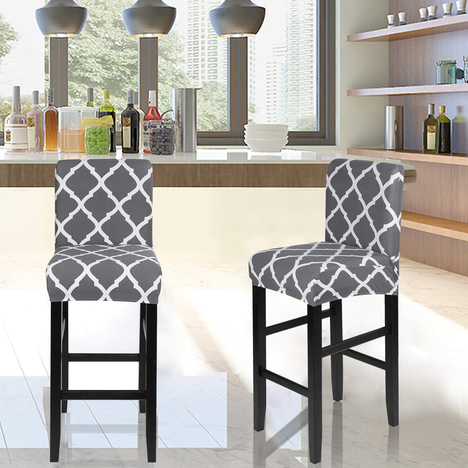 Stretch Washable Bar Stool Covers Set of 6 - Counter Height Kitchen Dining Chair Covers for Home & Cafe - Rhombus Grey Design - Perfect for Kitchen Islands, Breakfast Bars & Restaurant Seating