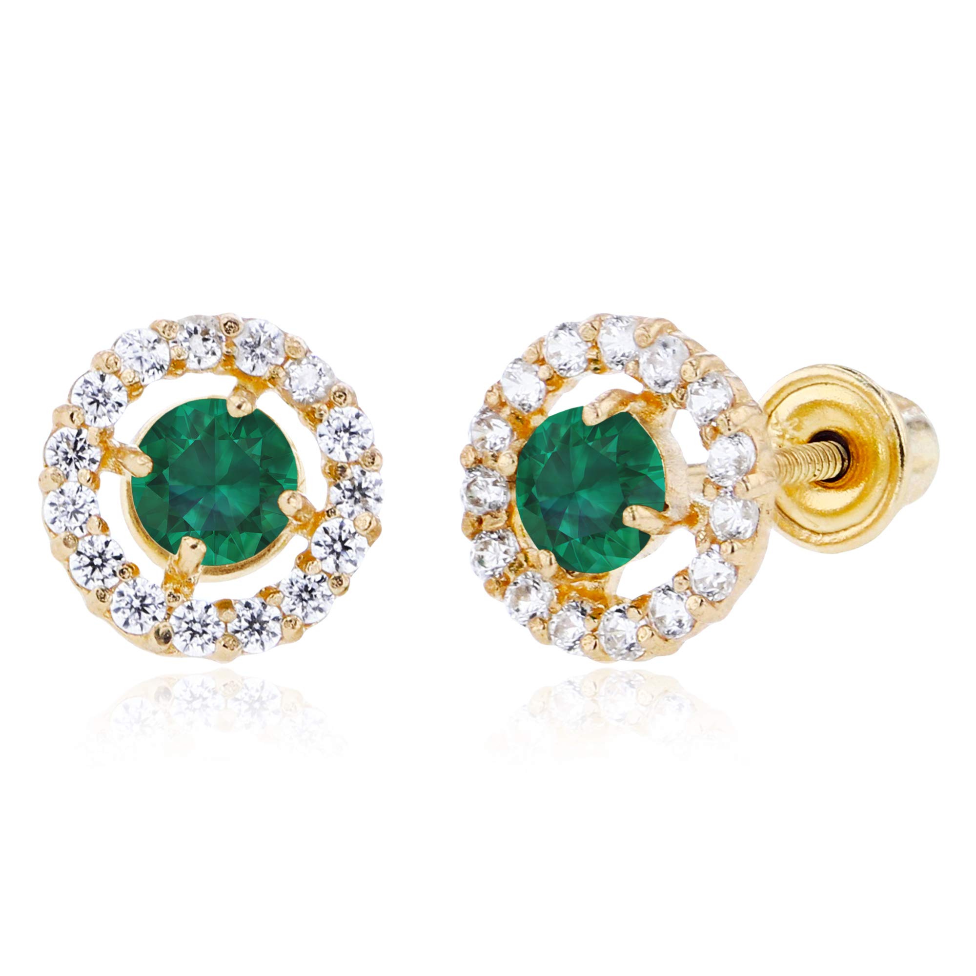 14K Gold Halo Birthstone Stud Earrings for Women | 6mm Screwback Earrings with 3mm Natural Birthstone & 1mm White Sapphire Halo | Perfect for Anniversary Gifts, Birthday Presents & Everyday Wear
