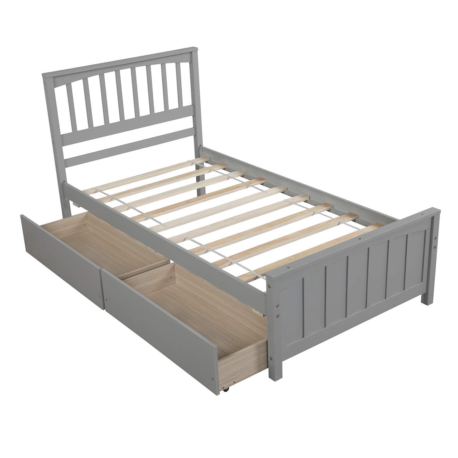 Twin Size Solid Wood Platform Bed Frame with 2 Storage Drawers & Headboard - No Box Spring Needed - Grey - Perfect for Kids Bedroom, Guest Room or Small Space