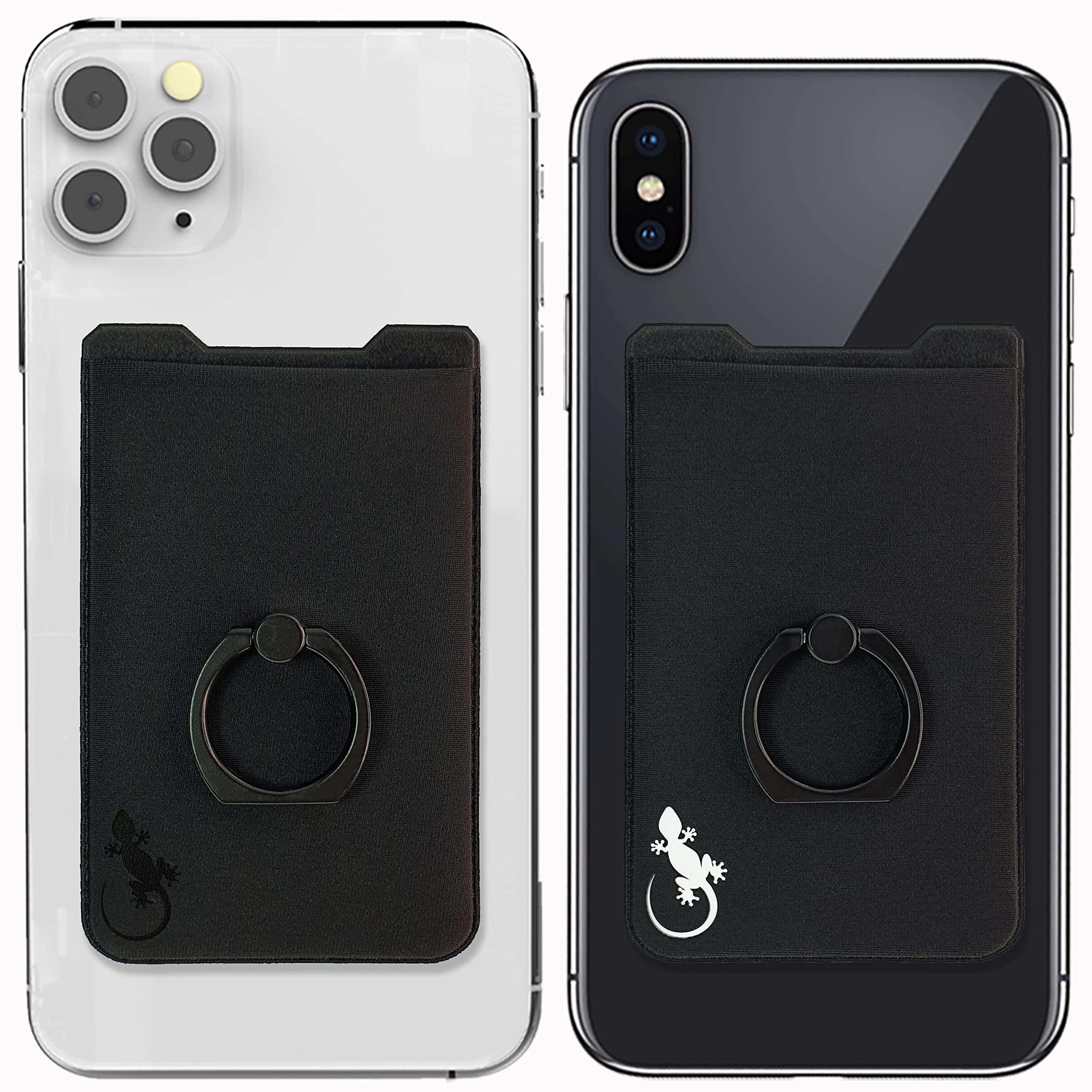 Universal Phone Card Holder with Gecko Ring - 2 Pack (White & Black Logos) - Finger Grip, Phone Ring Stand & Credit Card Sleeve for Secure Grip, Hands-Free Viewing & On-the-Go Convenience - Perfect for Travel, Work & Daily Use