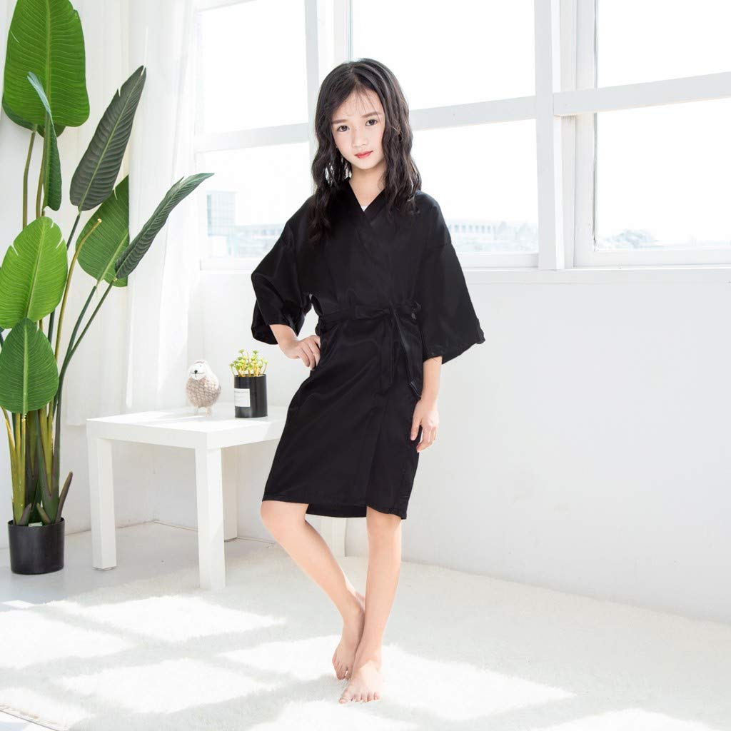 Silk Satin Robe for Baby Girls & Toddlers - Soft Kimono Sleepwear, Bathrobe & Jacket (Black, Size 12) - Perfect for Bedtime, Spa Days & Special Occasions