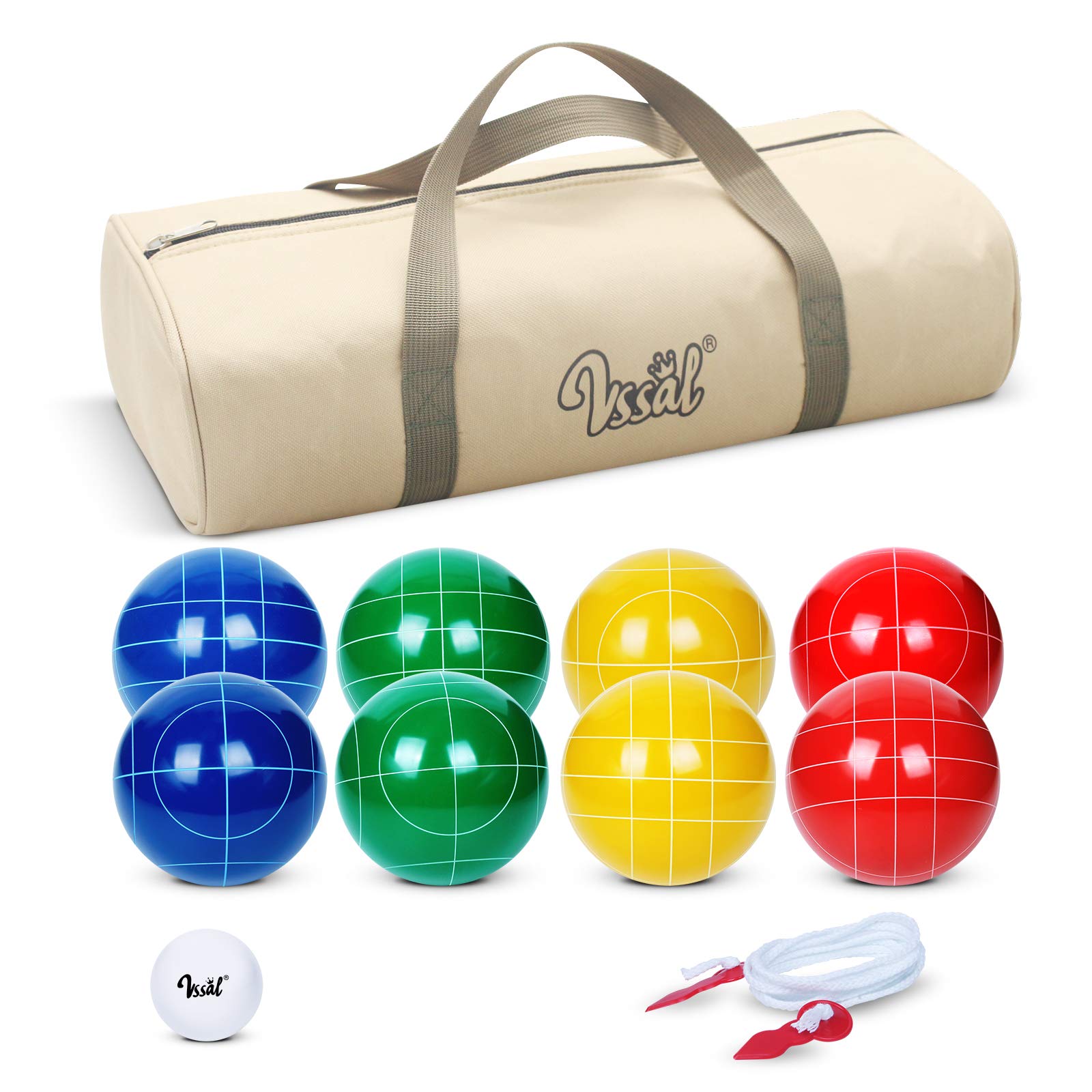 Premium 90mm Bocce Ball Set - 8 Polyresin Balls, 1 Pallino, Carrying Bag & Measuring Rope for Backyard, Lawn, Beach Games - Family Outdoor Fun (Green/Yellow/Red/Blue, 2-8 Players) - Perfect for Picnics, BBQs, Parties and Beach Outings