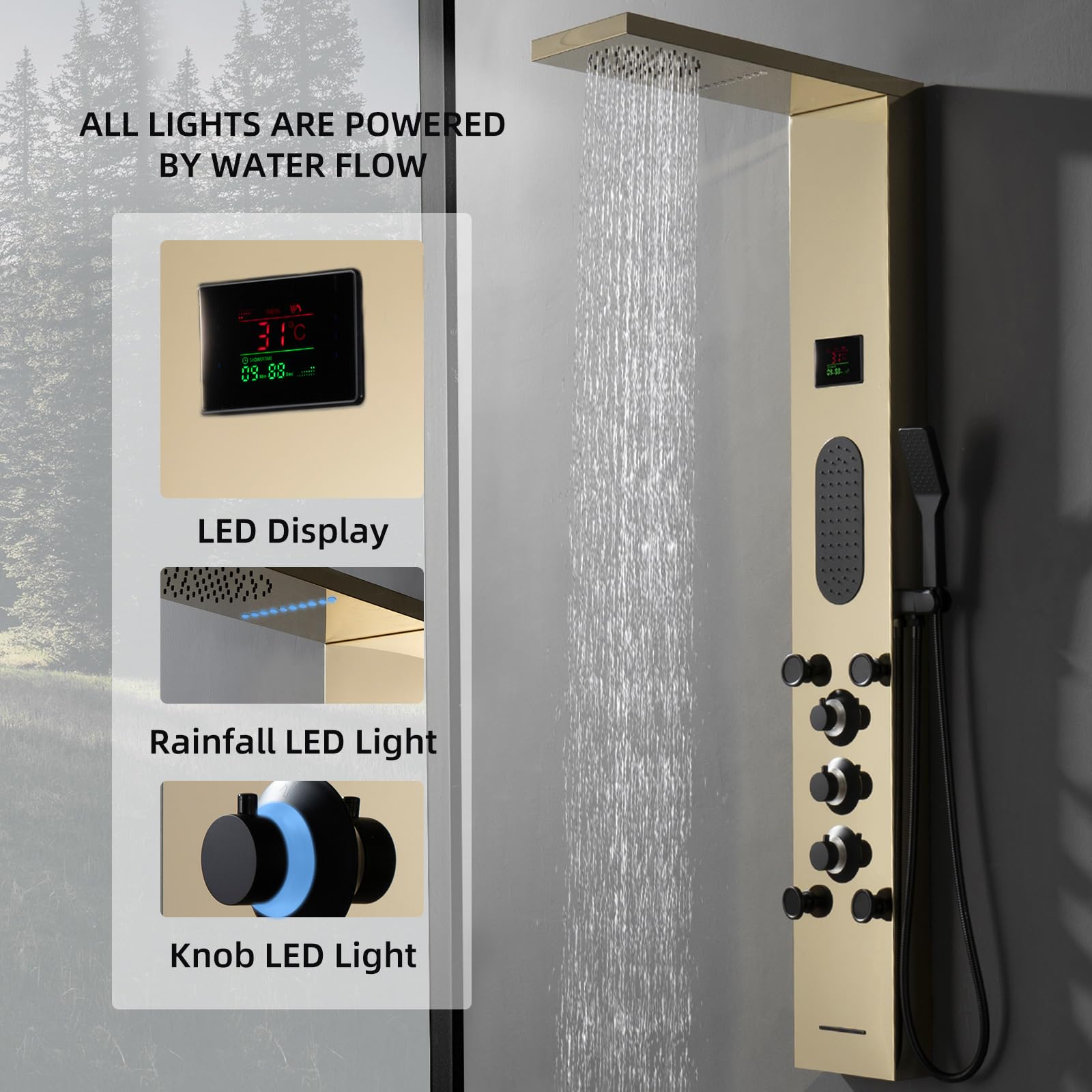 BWE Polished Gold LED Shower Tower System - Rainfall Shower Head with Massage Jets & Temperature Display - Stainless Steel Bathroom Fixtures for Spa-Like Luxury Shower Experience