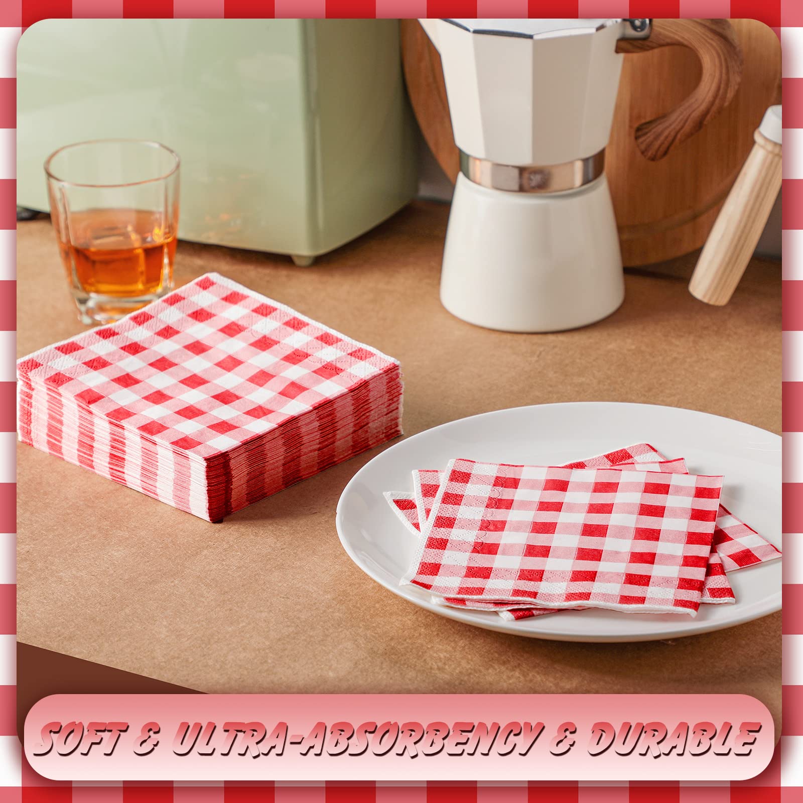 200 Pcs Buffalo Plaid Paper Napkins - Red and White Checkered Disposable Napkins for Kitchen, Farmhouse Decor, Weddings, Easter, Dinner Parties (5.31 x 5.31 Inch) - Perfect for Holiday Tablescapes, Rustic Home Decor & Special Occasions