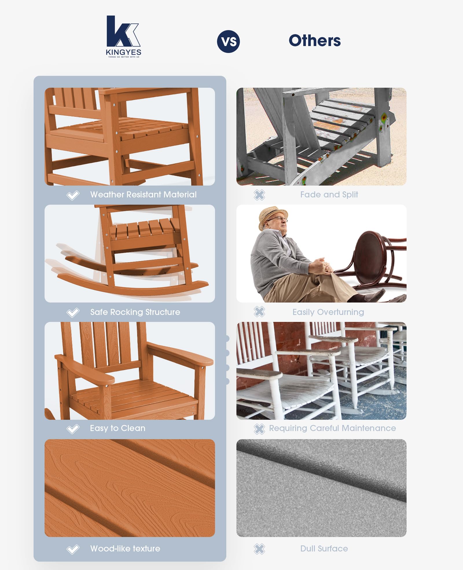 KINGYES Outdoor Rocking Chairs for Patio - Weather Resistant High Back Porch Rocker with Comfortable Cushion for Adults - Perfect for Garden, Backyard, Deck & Poolside Relaxation (Orange)