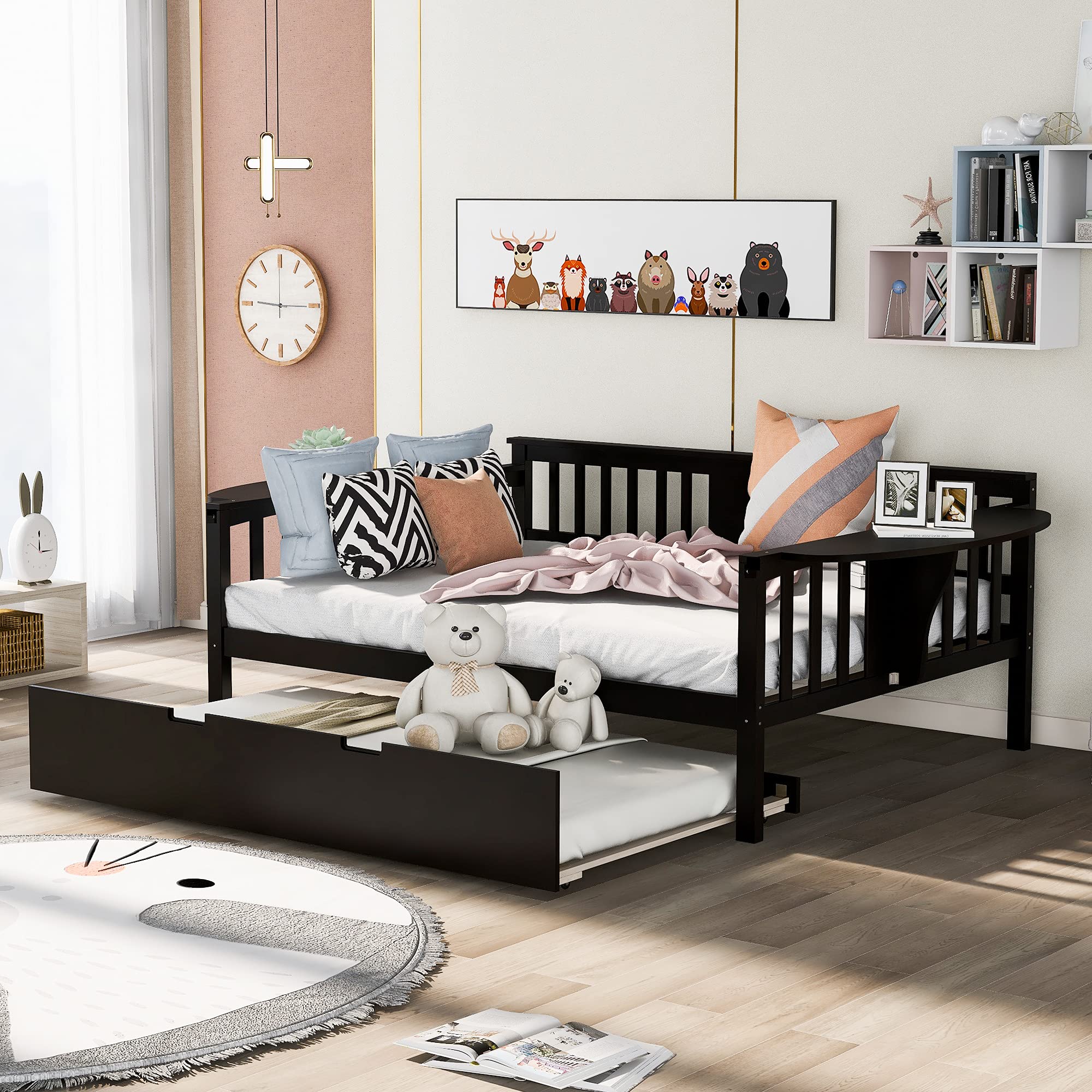 Full Size Daybed with Trundle - Solid Wood Frame for Kids, Teens & Adults - No Box Spring Needed - Espresso Finish - Perfect for Guest Rooms, Dormitories & Small Spaces