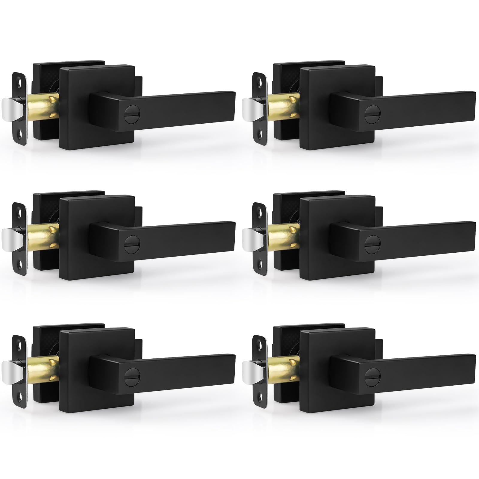 6 Pack Matte Black Door Handles - Keyless Square Privacy Levers for Bedroom & Bathroom - Heavy Duty Reversible Design