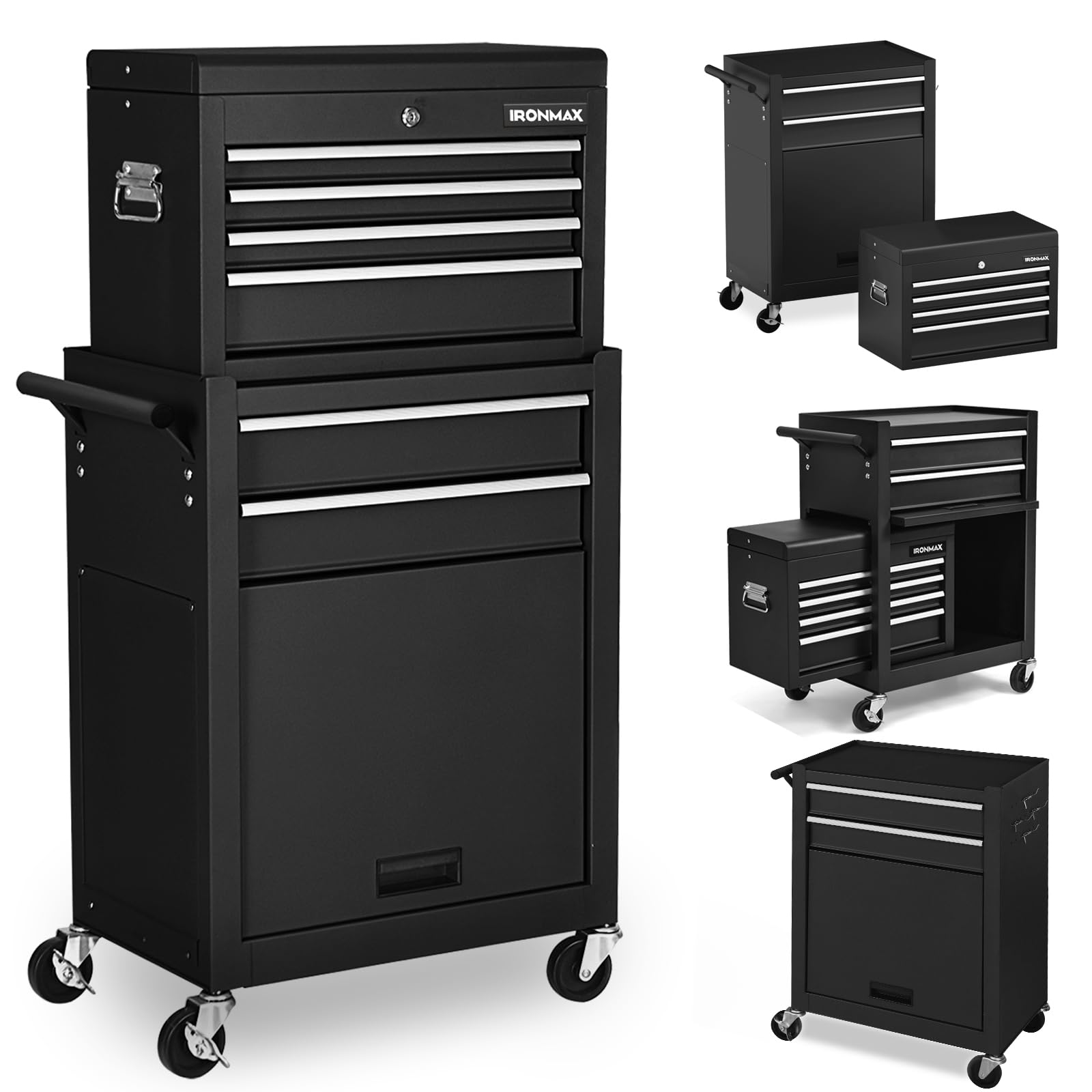 IRONMAX 6-Drawer Rolling Tool Chest with Lockable Cabinet - Heavy Duty 2-in-1 Detachable Tool Box Storage Organizer with 4 Universal Wheels for Garage, Workshop & Auto Repair - Perfect for Mechanics, DIY Enthusiasts & Professional Technicians (Black)