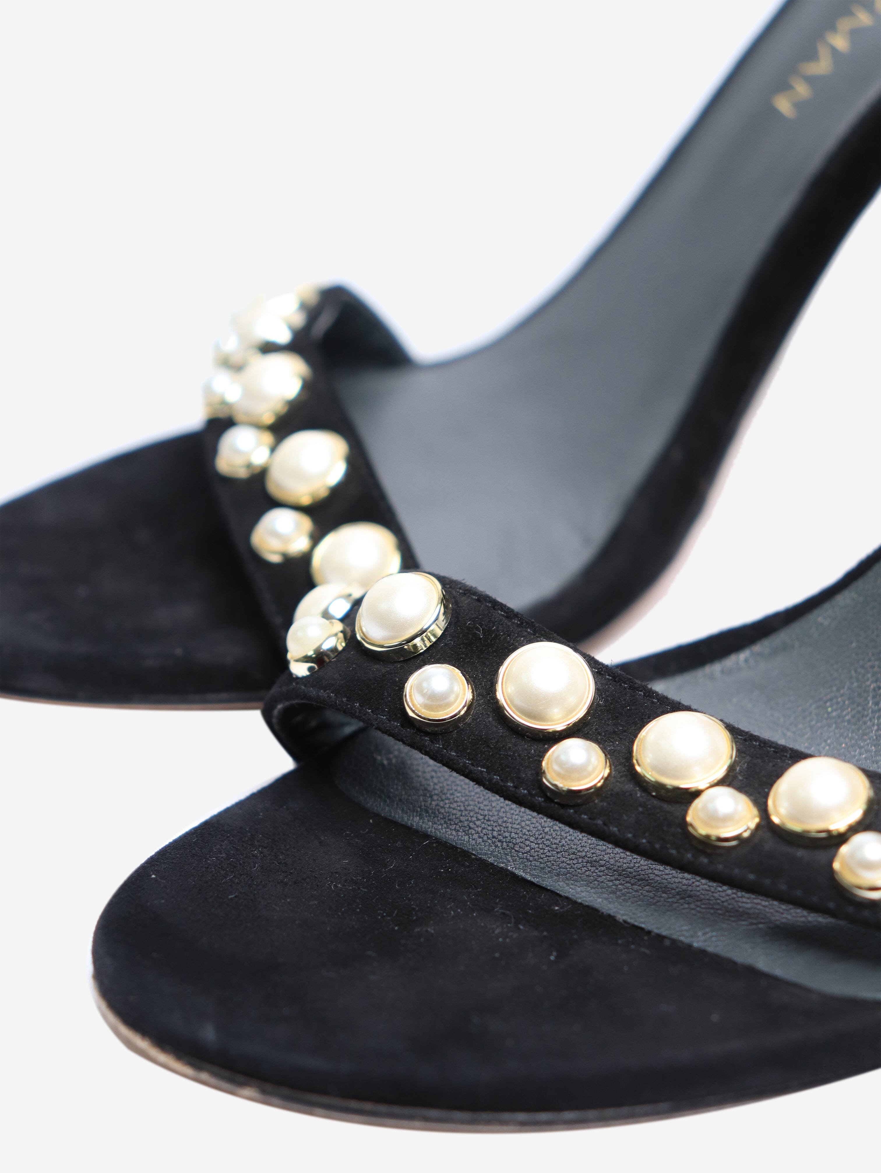 Elegant Black Suede Pearl Embellished Sandal Heels Women's Size EU 38.5 - Perfect for Weddings, Parties & Evening Events