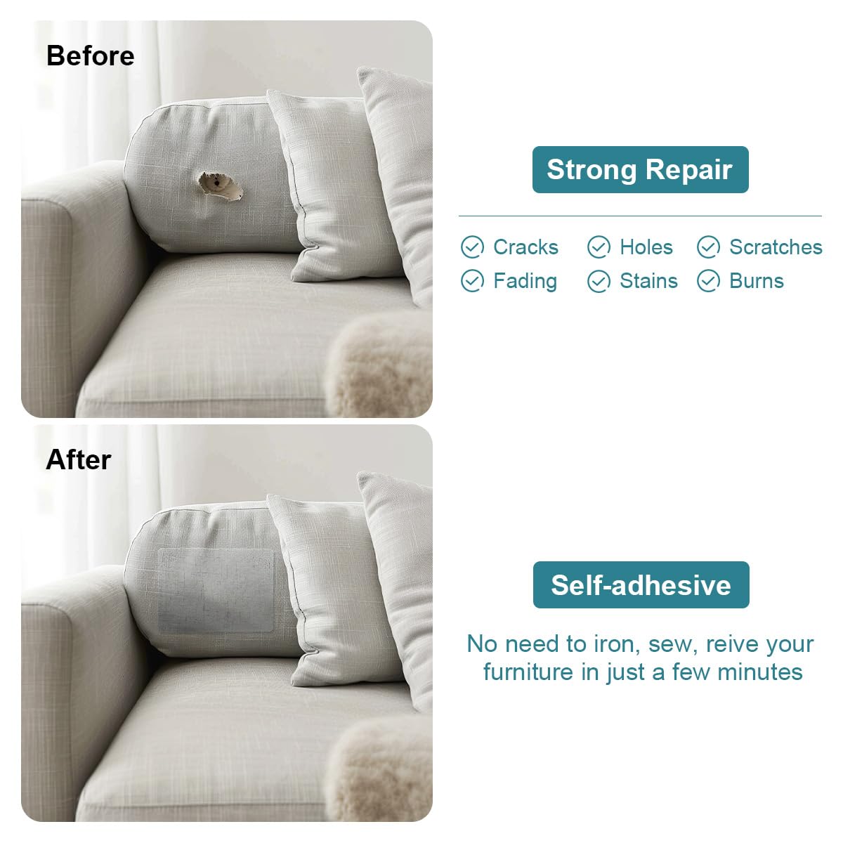 J.CARP 2-Pack Self-Adhesive Linen Repair Patches (8x11 Inches, Beige) - Heavy Duty Fabric Patches for Sofa, Chair & Clothing Repair | Perfect for Home Decor, DIY Projects & Linen Fabric Restoration