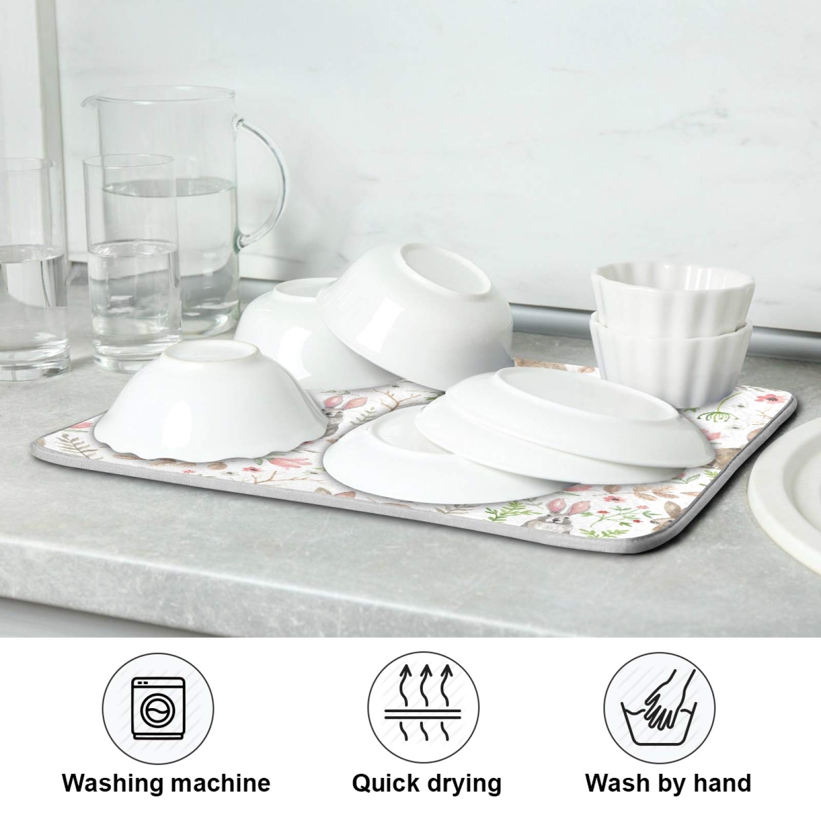 ATTX Cute Rabbits Dish Drying Mat - 18 x 24 Inch Extra Large Microfiber Kitchen Counter Mat for Dishes, Utensils & Cookware - Perfect for Kitchen Countertops, Sink Areas & Drying Racks