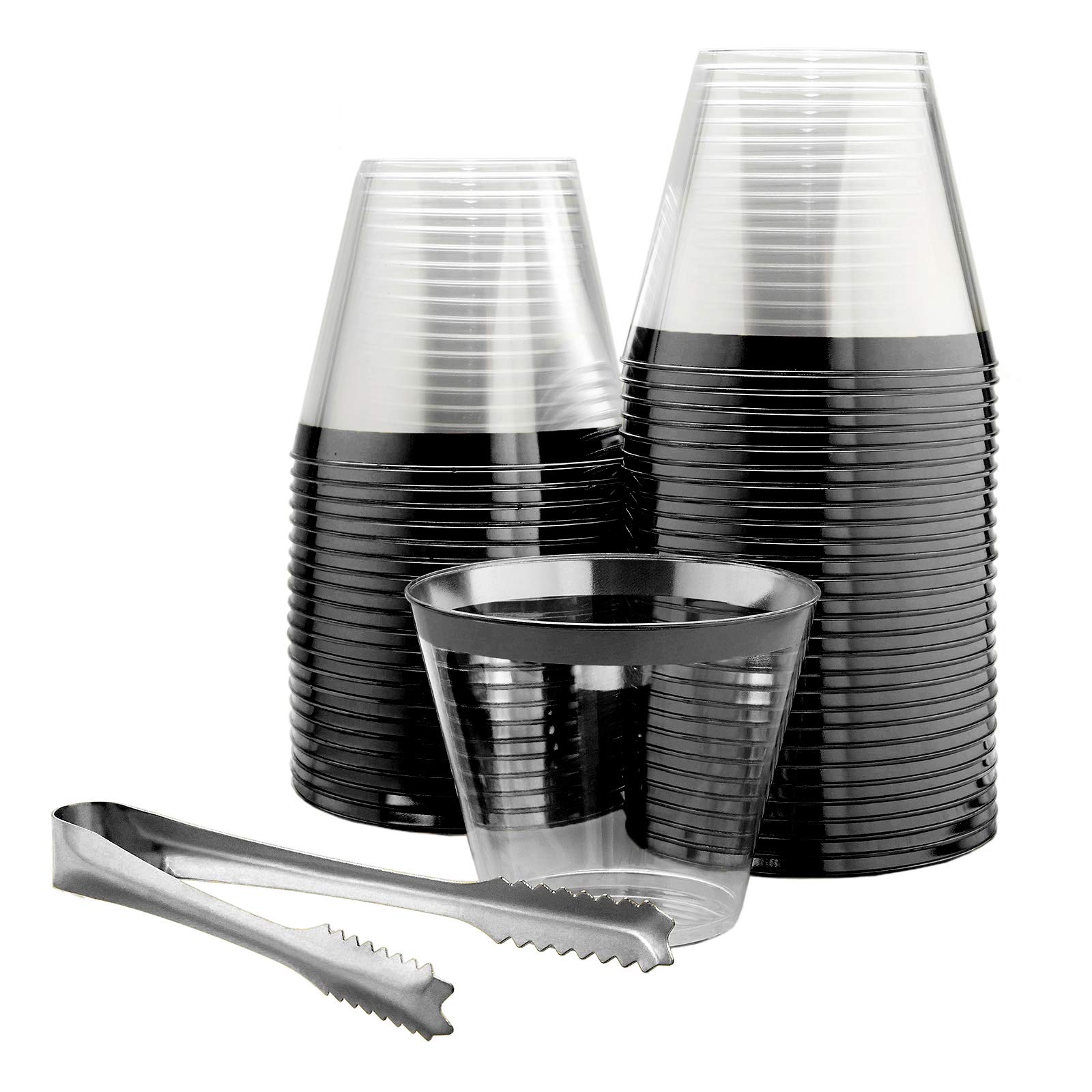 100 Black Rimmed 9oz Disposable Plastic Cups & Silver Ice Tong Set - Elegant Cocktail & Wine Glasses for Parties, Weddings, Events - Durable Party Decor Supplies