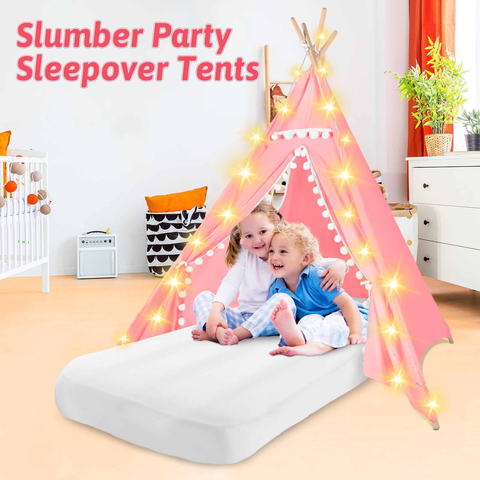 4-Pack Kids Teepee Tents with Inflatable Air Mattress & Fairy Lights - Washable Cotton Play Tent for Boys and Girls Sleepovers, Birthday Parties & Indoor Camping (Pink) - Perfect for Slumber Parties, Playrooms & Backyard Adventures