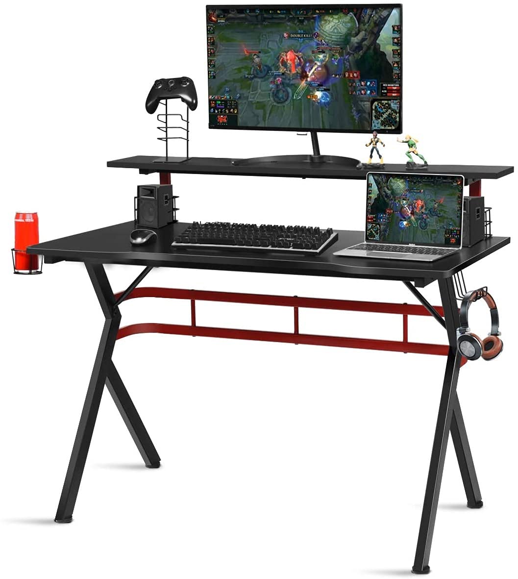 Onnertune 47 Inch Gaming Desk - Professional Ergonomic PC Gamer Workstation with Cup Holder, Headphone Hook & Speaker Stand, Monitor Shelf for Home Office Setup - Perfect for Esports, Streaming & Remote Work