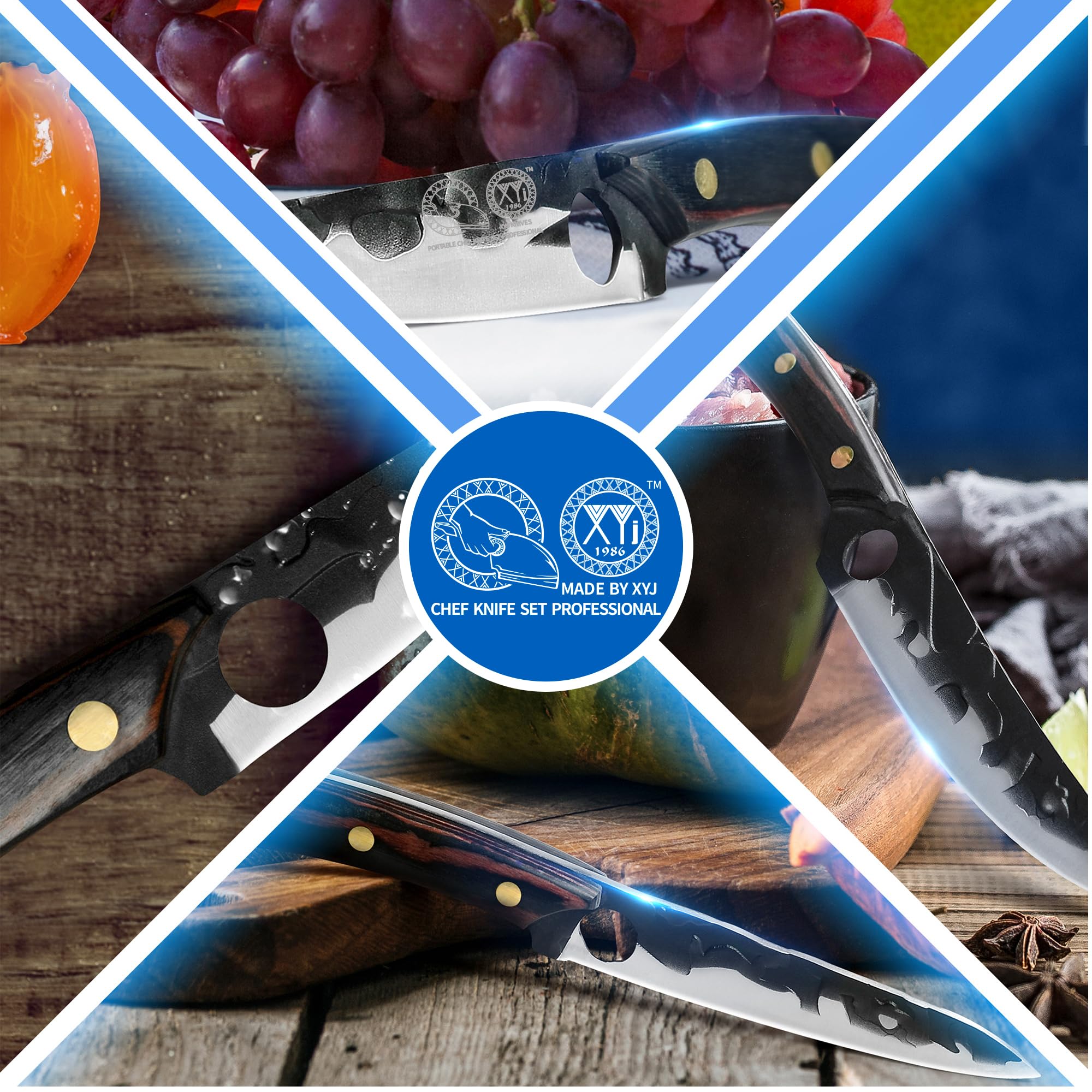 XYJ Professional Kitchen Knife Set - 6-Piece High-Carbon Stainless Steel Forged Chef Knives with Full Tang Design (Chef Knife, Cleaver, Carving Knife, Nakiri) Includes Carrying Case & Poultry Shears - Perfect for Home Cooking, Professional Chefs & Culinary Enthusiasts