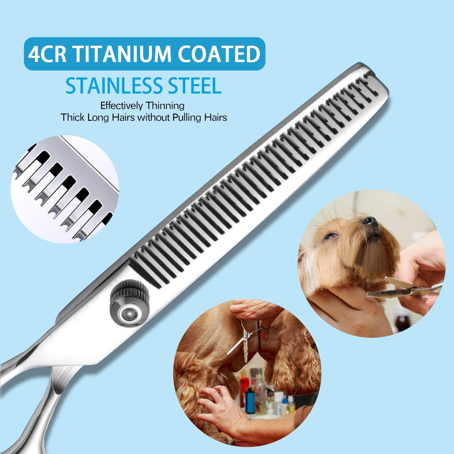 Professional Dog Grooming Scissors Set - 3-Piece Titanium Pet Trimming Kit with Safety Round Tips, Thinning Shears & Curved Scissors for Dogs & Cats | Perfect for Home Grooming, Pet Salon & Professional Use