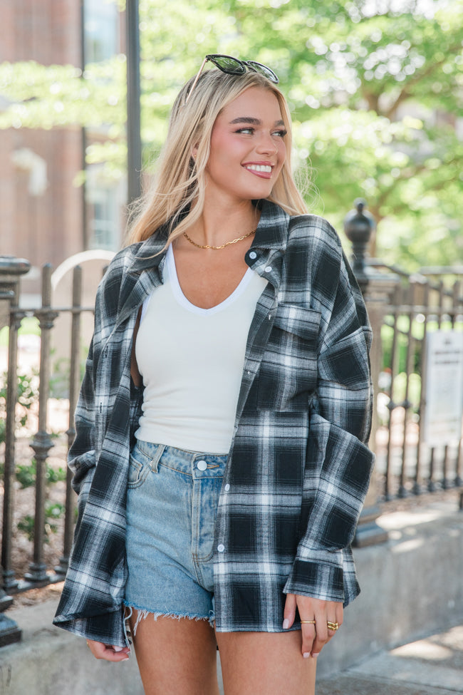 Black and Ivory Plaid Oversized Button Front Shirt for Women - Stylish Loose Fit Long Sleeve Blouse - Perfect for Casual Outfits, Layering, and Office Wear