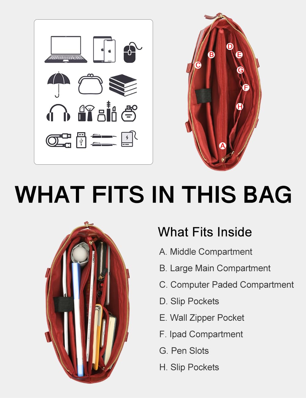 Red 15.6 Inch Laptop Tote Bag for Women - Stylish Work & Travel Computer Bag for Office, Commute, and Daily Use
