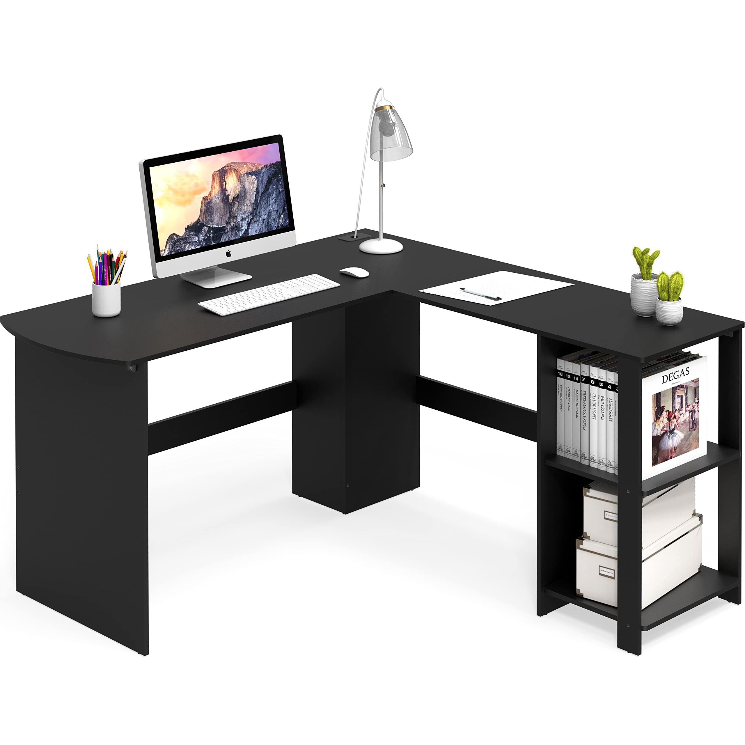 SHW L-Shaped Home Office Wood Corner Desk with Keyboard Tray, Black - Perfect for Small Spaces, Gaming & Remote Work Setup