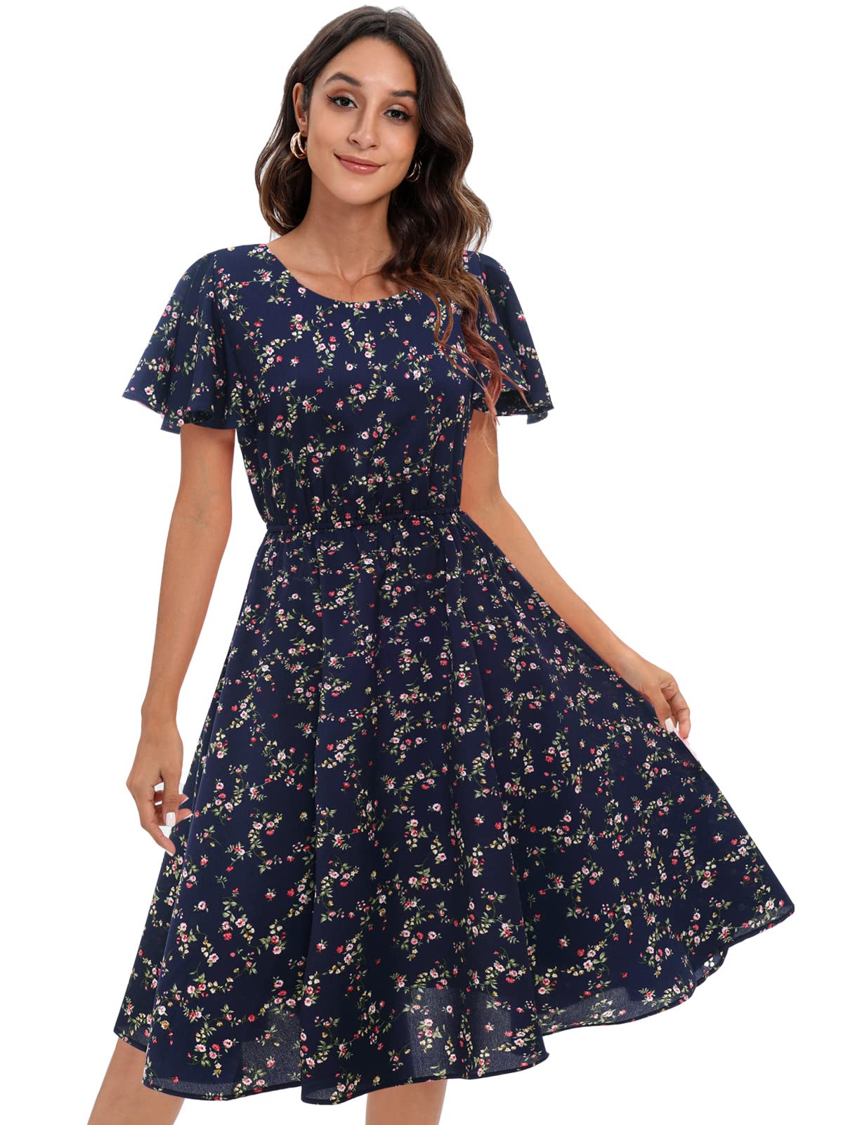 Gardenwed Women's Floral Chiffon Summer Dress - Elastic Waist Sun & Beach Dress for Outdoor Parties, Vacations, and Casual Wear