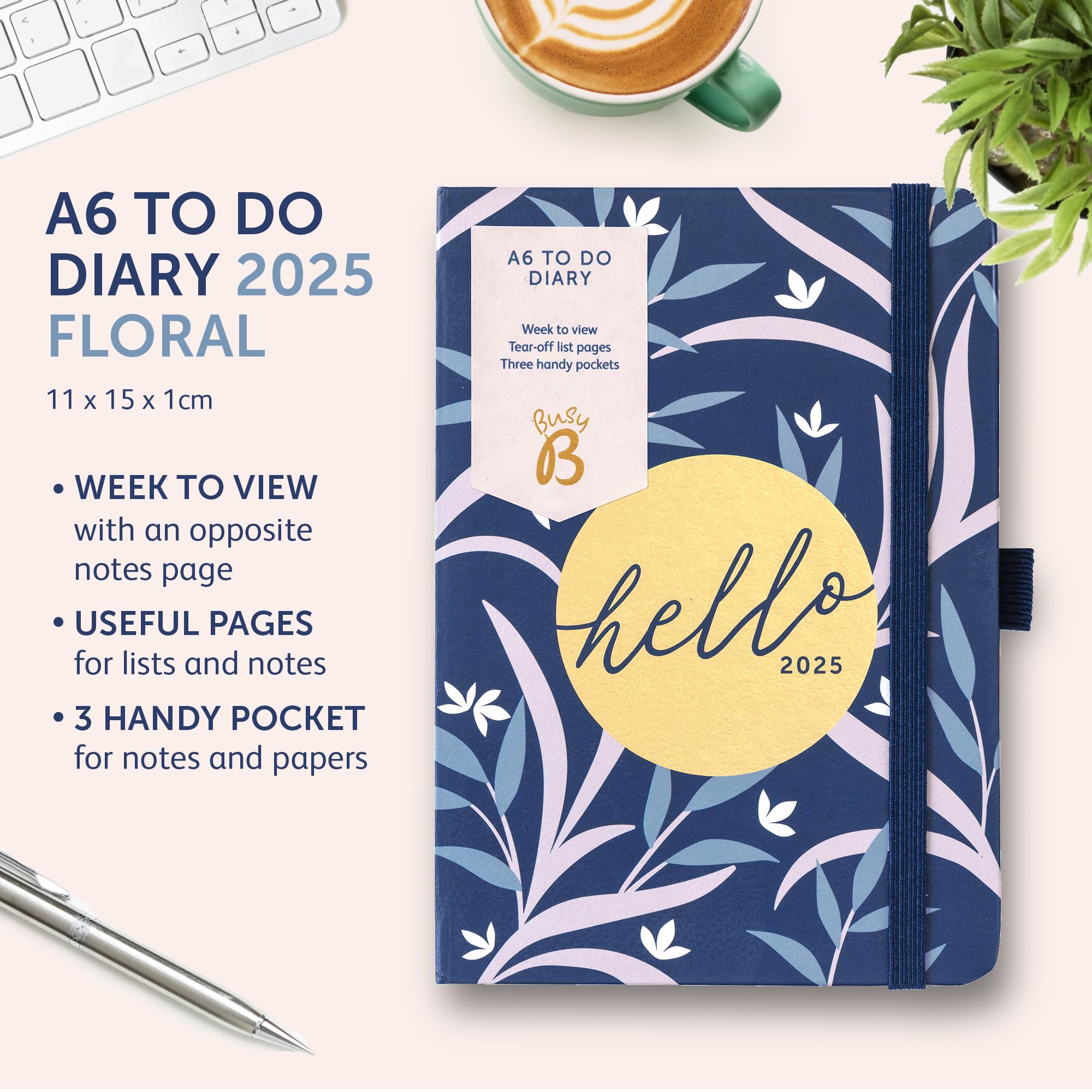 Busy B 2025 A6 Weekly Planner - Compact Navy Floral Diary with To-Do Lists, Notes Pages & 3 Pockets | Week-to-View Layout + Year Planner | Perfect for Work, School & Personal Organization