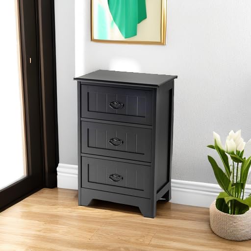 LOKO Modern Bathroom Storage Cabinet with 3 Drawers - Small Floor Cabinet with Anti-Tipping Strap & Stylish Handles for Bathroom Organization - Perfect for Small Spaces, Apartments, and Vanity Storage (Black)