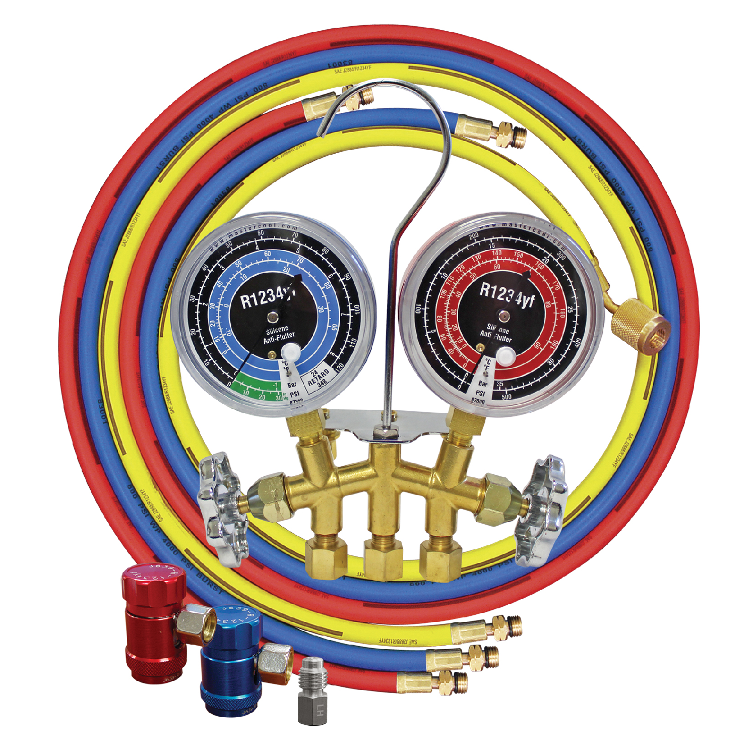 Mastercool 81661 R1234YF Brass 60 Hose and Gauge Set - Professional AC Refrigerant Charging Kit for Automotive HVAC Systems