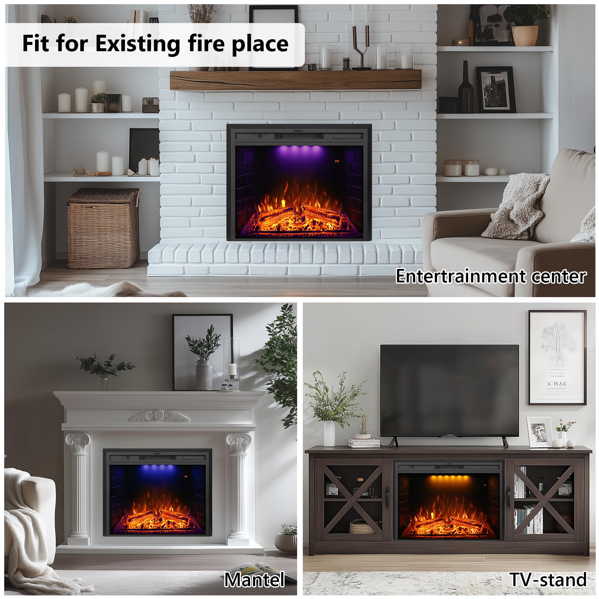 36 Inch Electric Fireplace Wall Mounted with Remote Control - Realistic Log & Crackling Sound - 750W/1500W Adjustable Heater - Overheat Protection & Timer - Black - Perfect for Bedroom, Living Room & Office Warmth