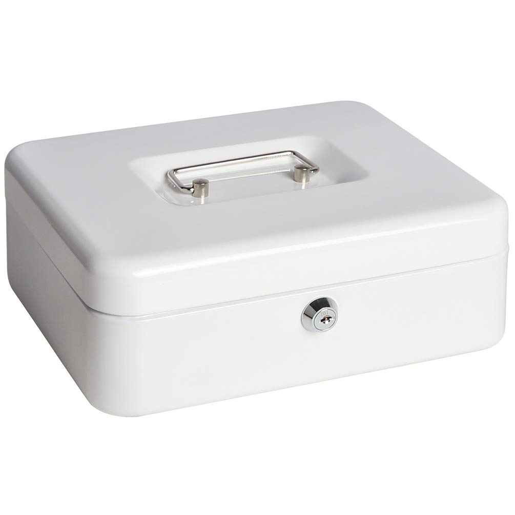 Jssmst Secure Locking Large Metal Cash Box with Money Tray - Heavy Duty Lock Box for Home, Office & Retail Use - White